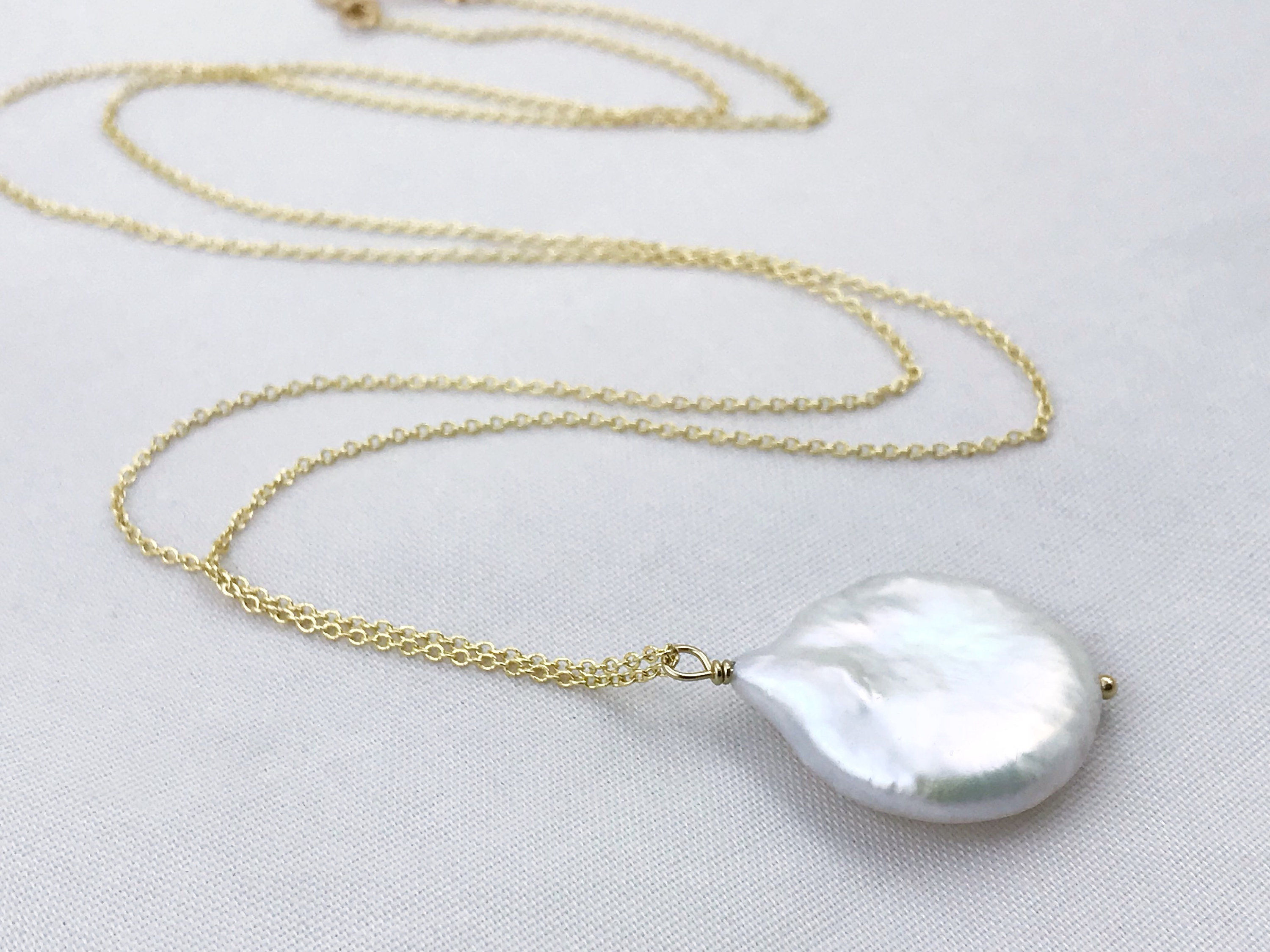 Ivory Cream Pearl Pendant Necklace / 14k Yellow Gold Filled / Large Single Baroque Freshwater Coin Pearl - Image 4