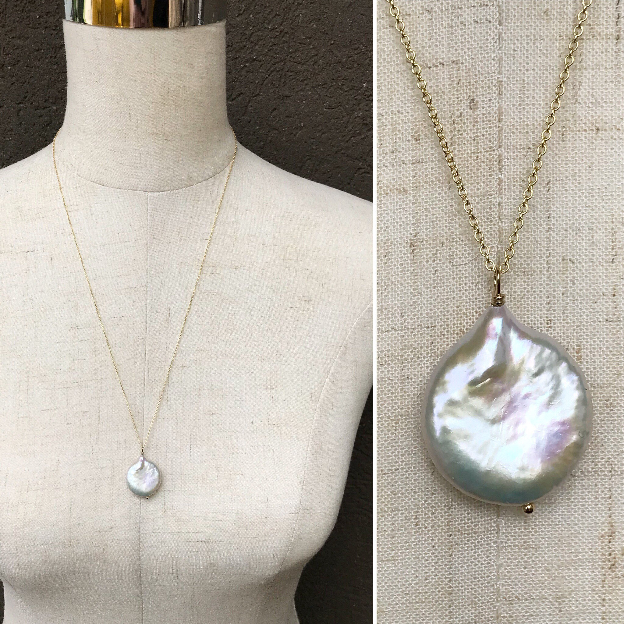 Ivory Cream Pearl Pendant Necklace / 14k Yellow Gold Filled / Large Single Baroque Freshwater Coin Pearl - Image 7