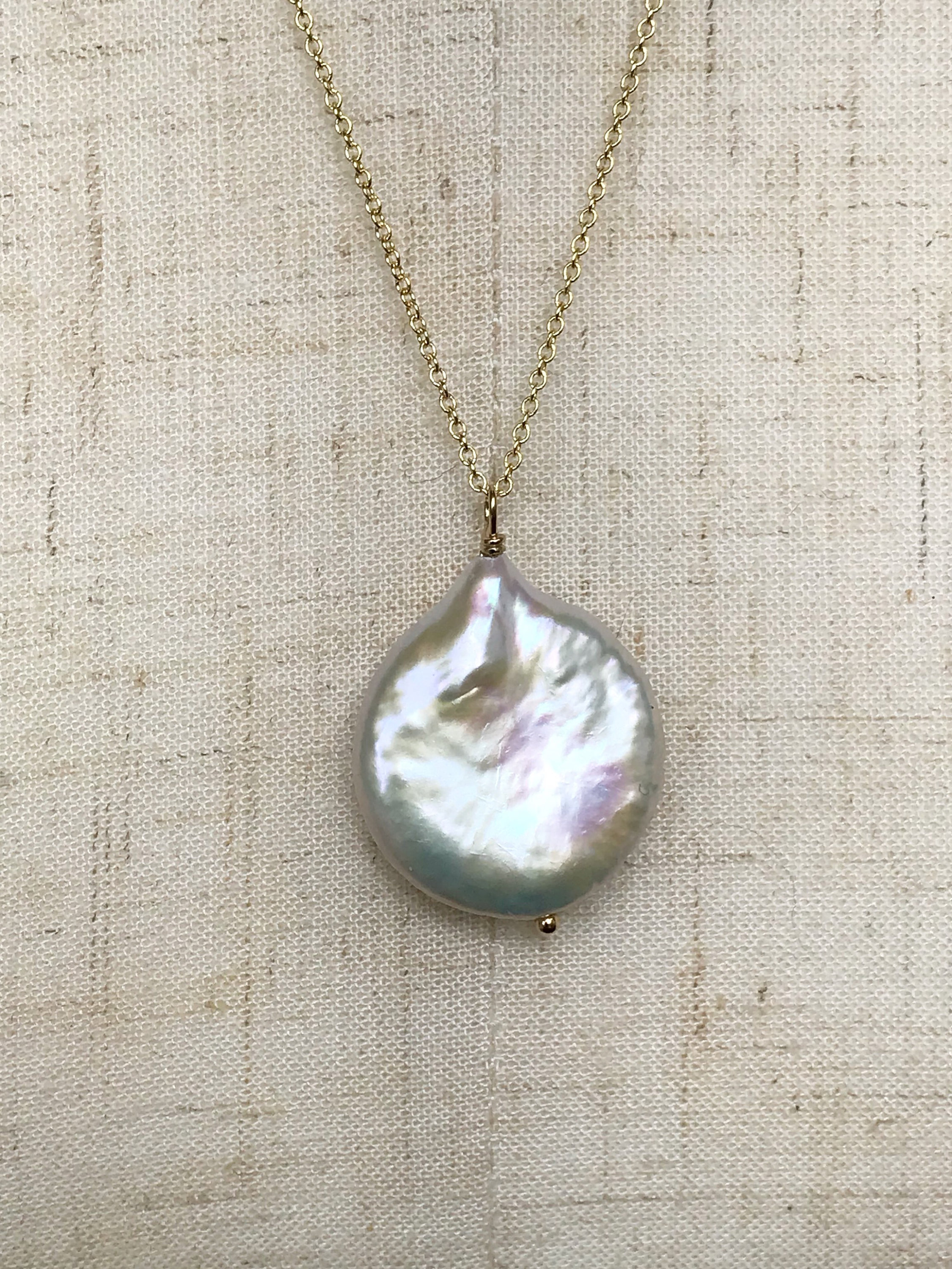 Ivory Cream Pearl Pendant Necklace / 14k Yellow Gold Filled / Large Single Baroque Freshwater Coin Pearl - Image 8