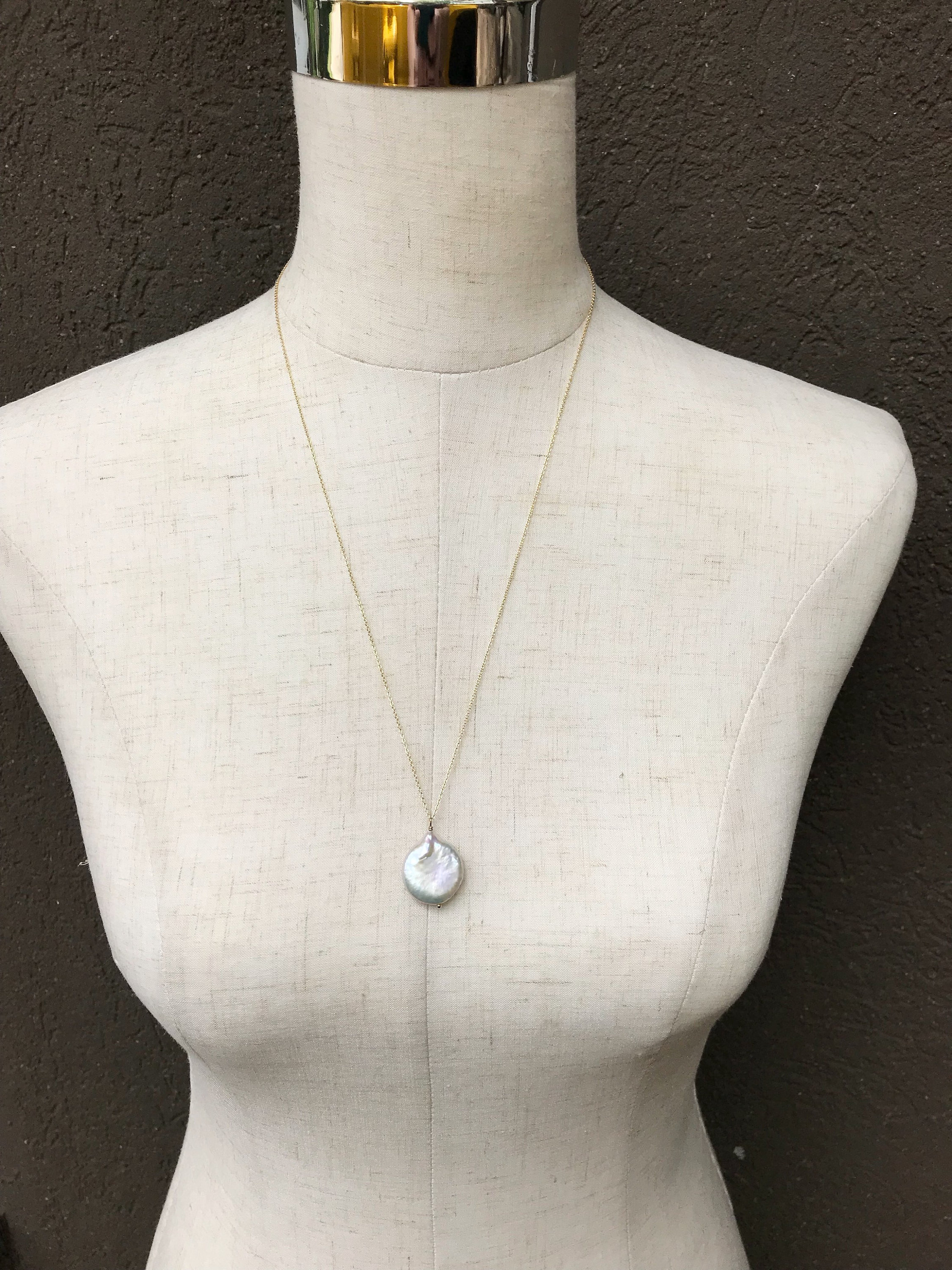 Ivory Cream Pearl Pendant Necklace / 14k Yellow Gold Filled / Large Single Baroque Freshwater Coin Pearl - Image 9