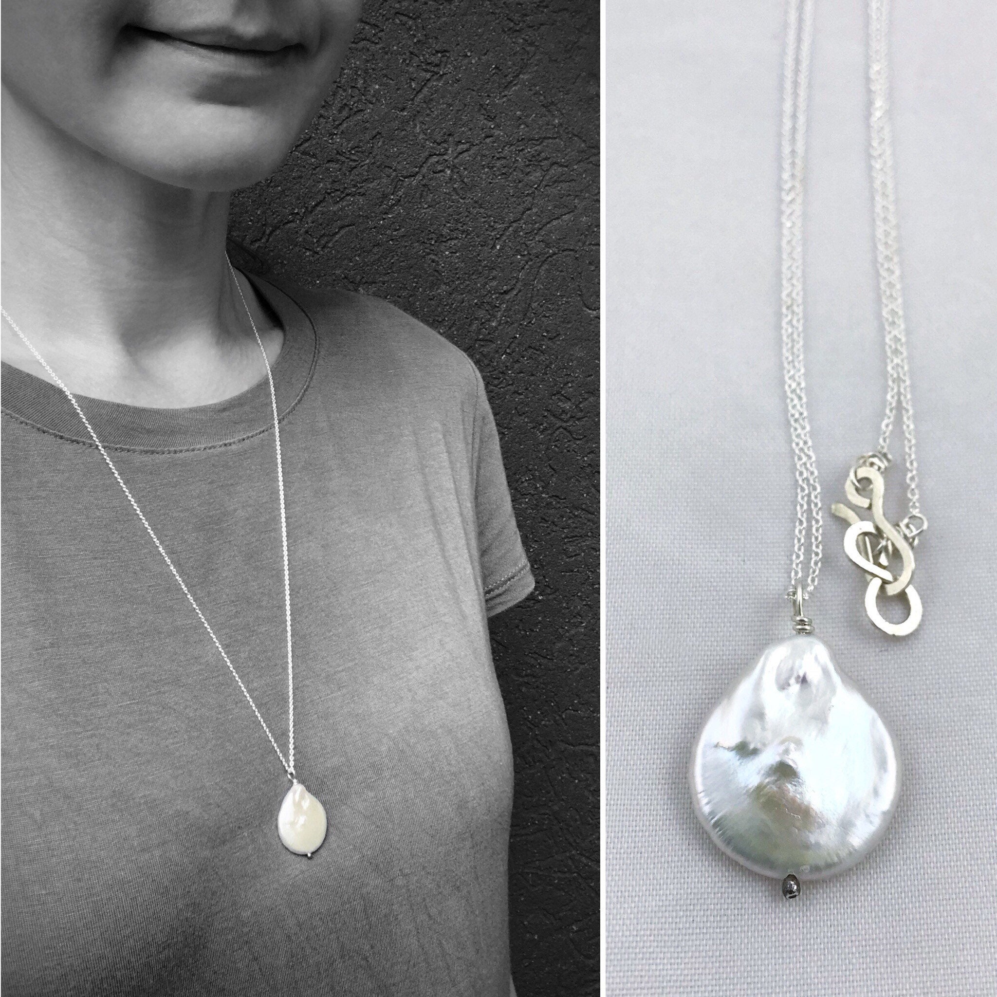 Ivory Cream Pearl Pendant Necklace / Solid Sterling Silver / Large Single Baroque Freshwater Coin Pearl - Image 3
