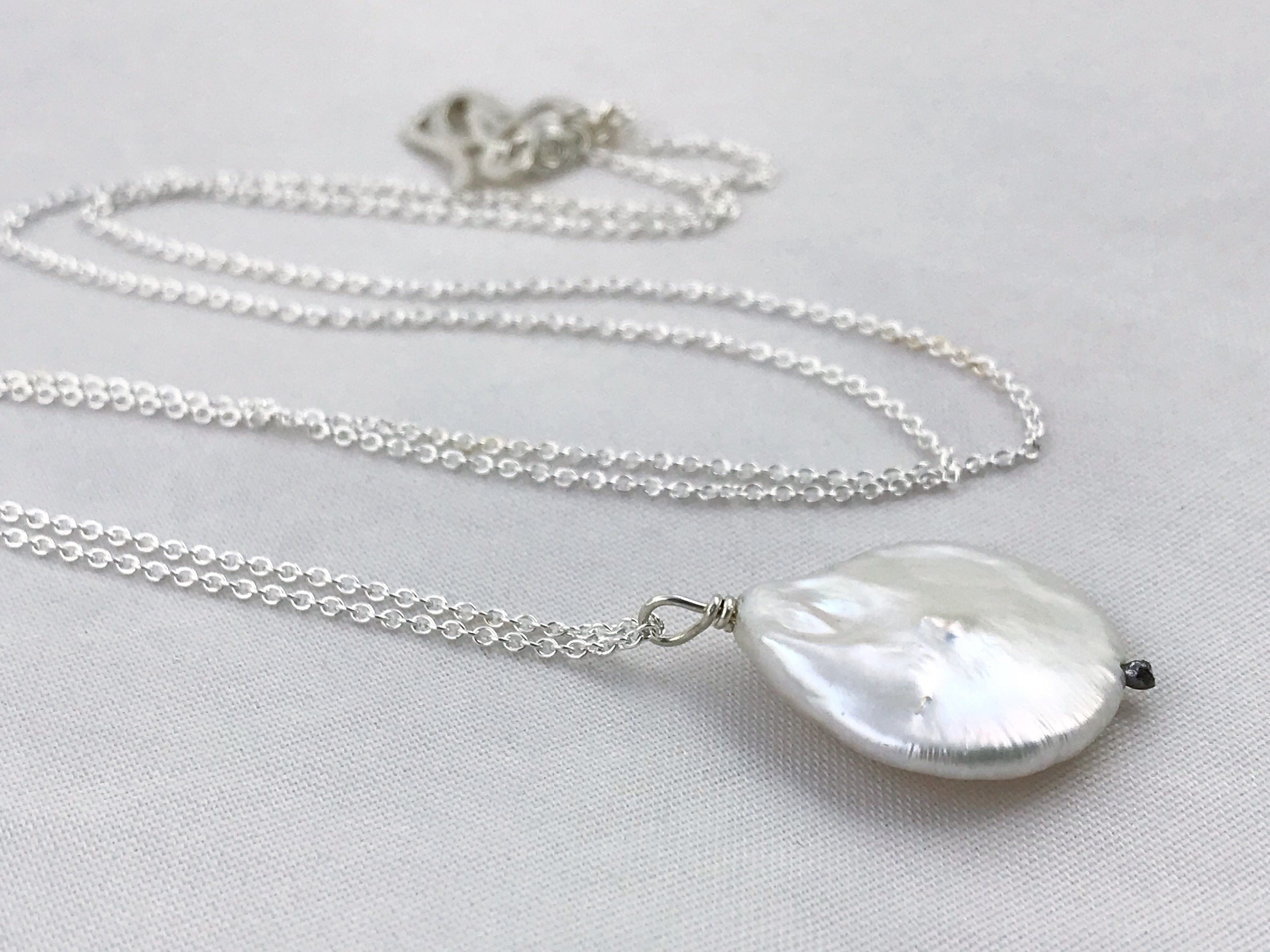 Ivory Cream Pearl Pendant Necklace / Solid Sterling Silver / Large Single Baroque Freshwater Coin Pearl - Image 4