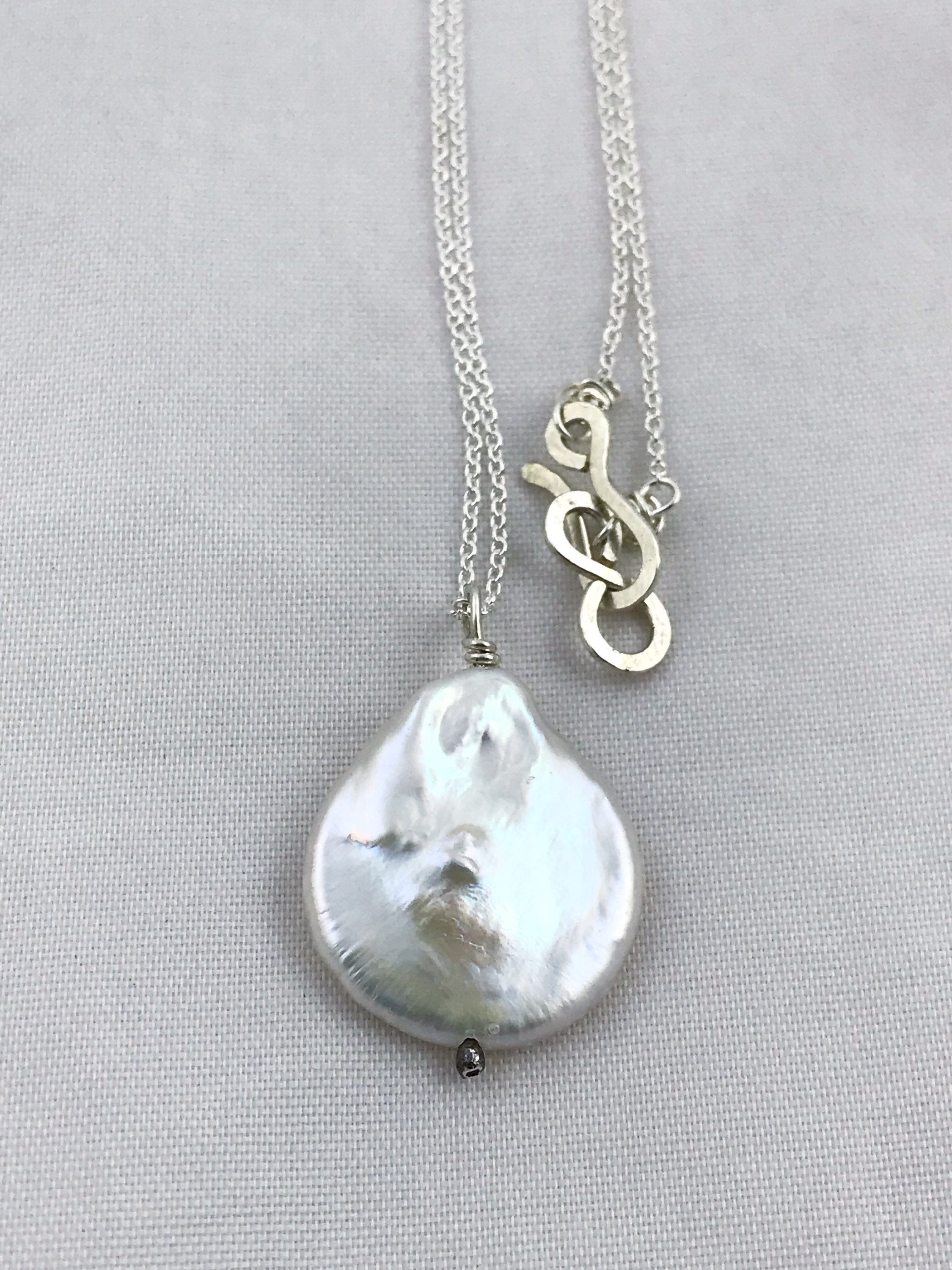 Ivory Cream Pearl Pendant Necklace / Solid Sterling Silver / Large Single Baroque Freshwater Coin Pearl - Image 5