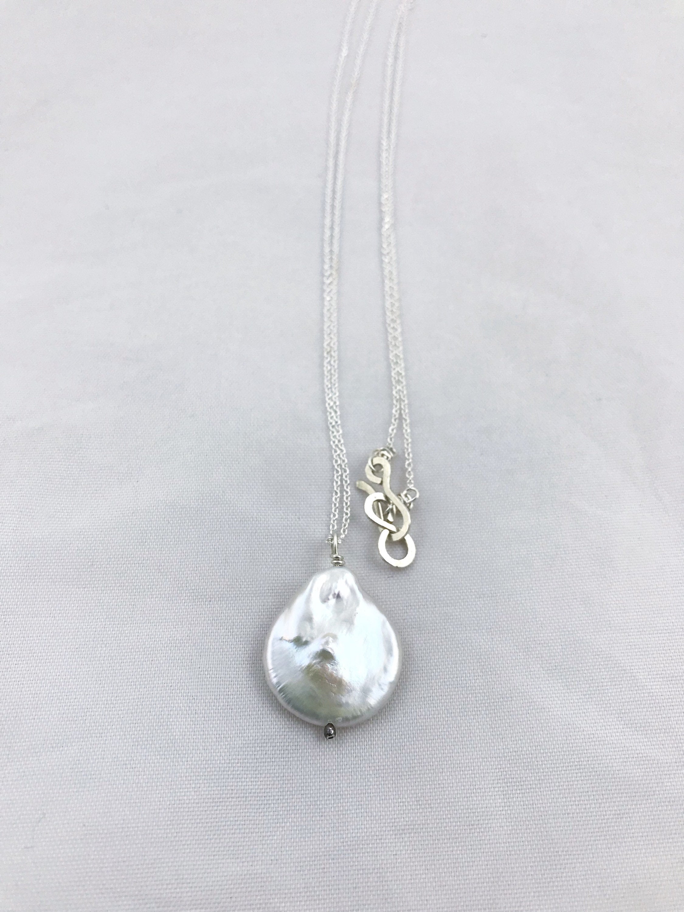 Ivory Cream Pearl Pendant Necklace / Solid Sterling Silver / Large Single Baroque Freshwater Coin Pearl - Image 6