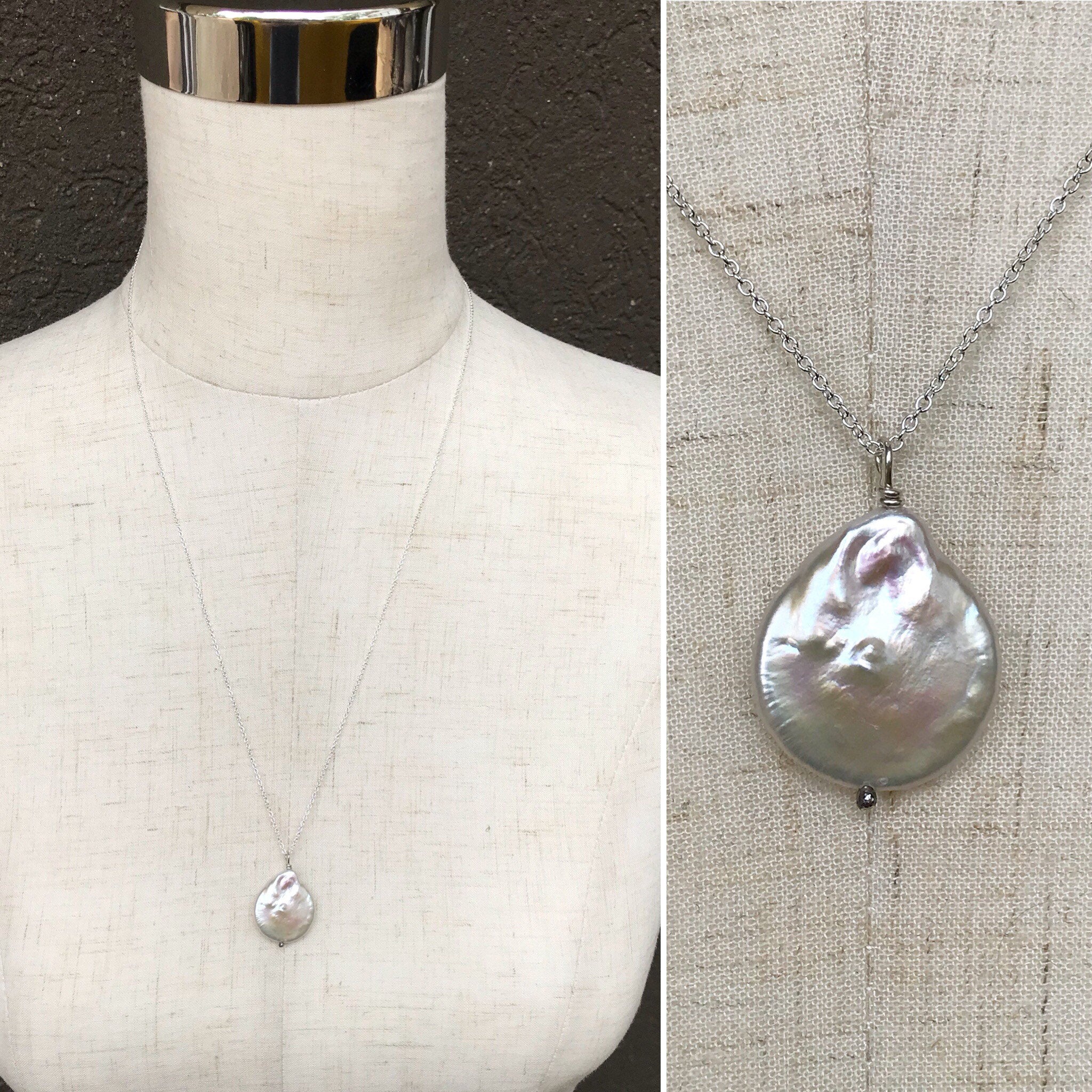 Ivory Cream Pearl Pendant Necklace / Solid Sterling Silver / Large Single Baroque Freshwater Coin Pearl - Image 7