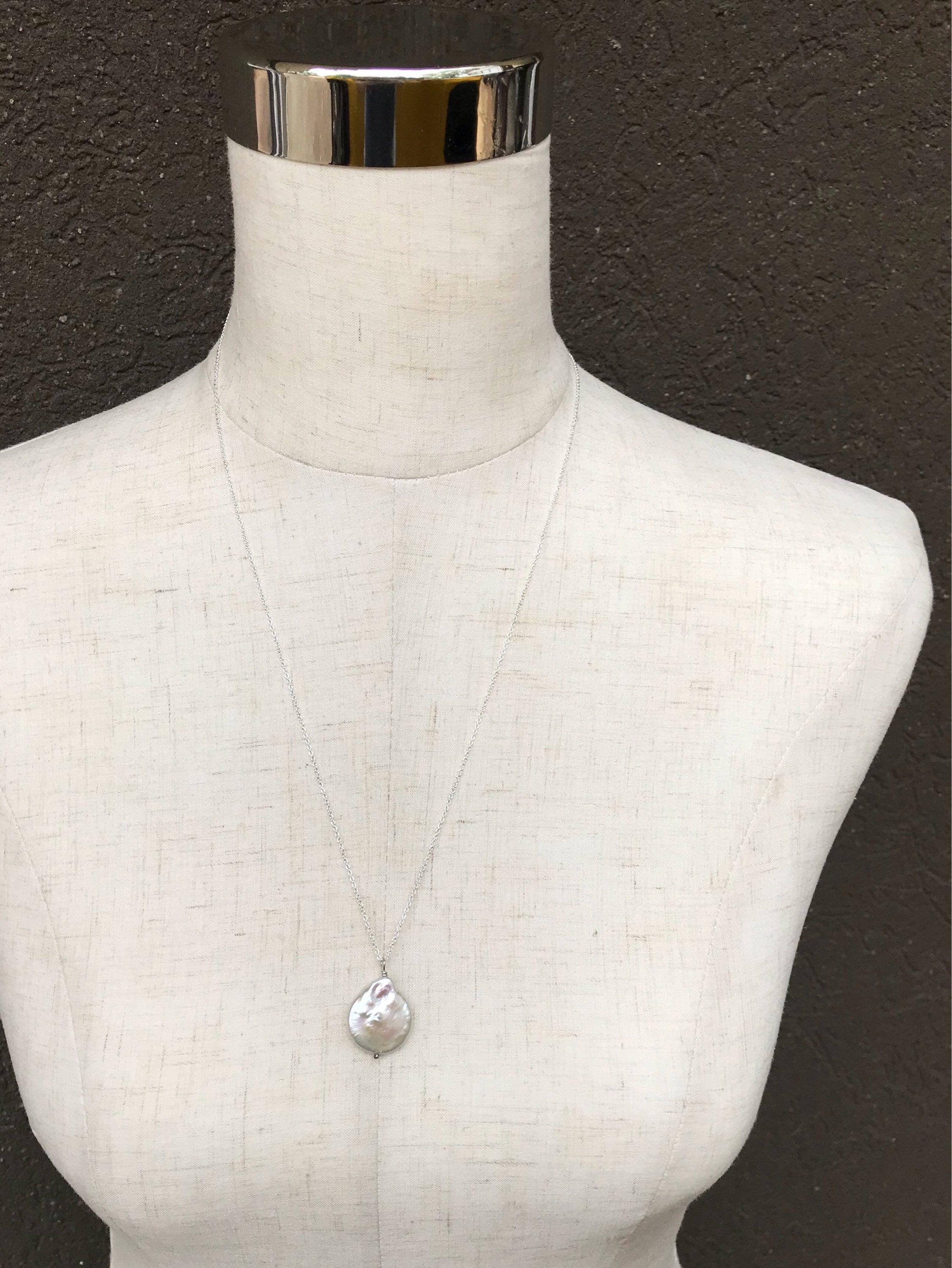 Ivory Cream Pearl Pendant Necklace / Solid Sterling Silver / Large Single Baroque Freshwater Coin Pearl - Image 8