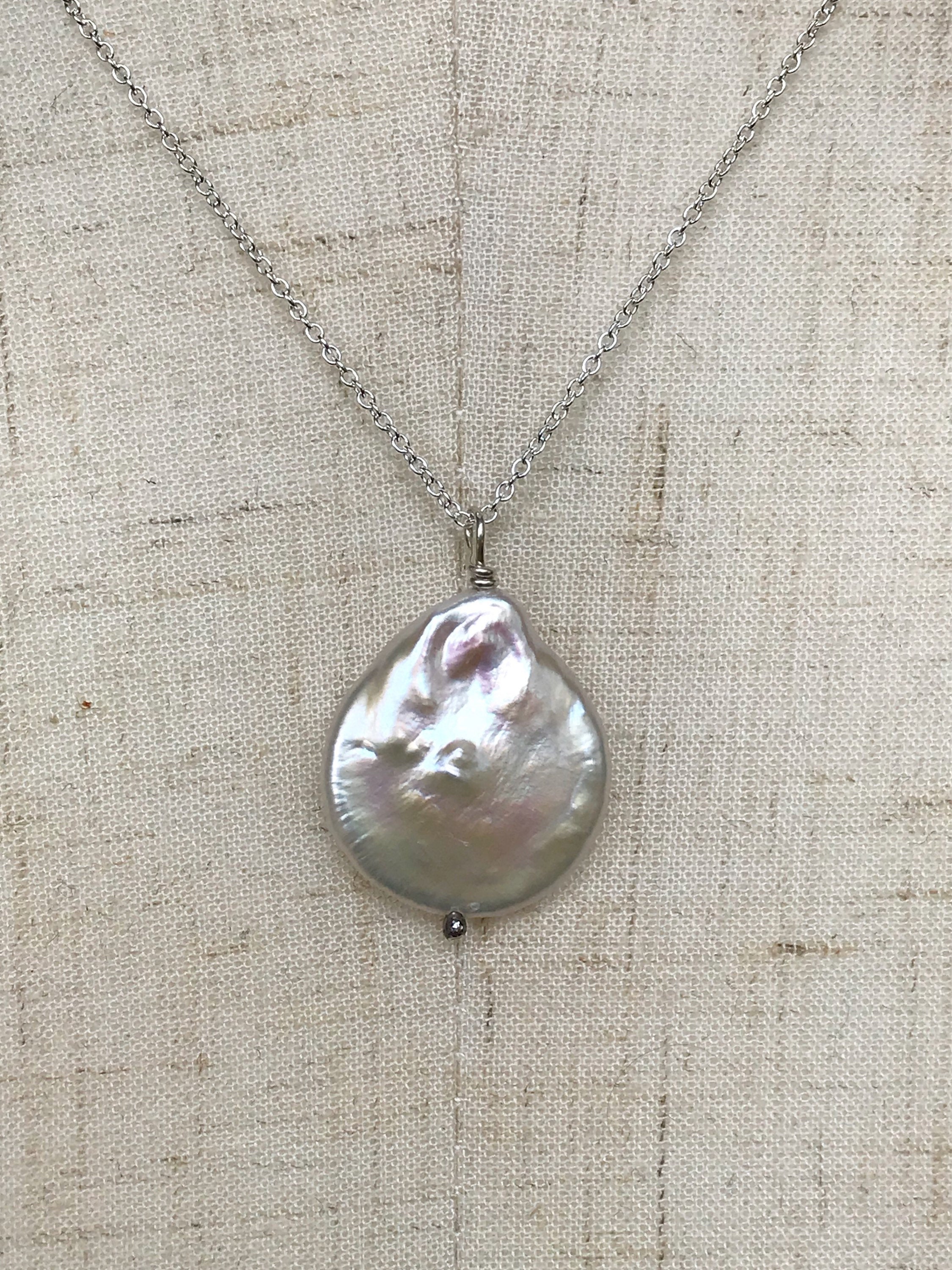Ivory Cream Pearl Pendant Necklace / Solid Sterling Silver / Large Single Baroque Freshwater Coin Pearl - Image 9