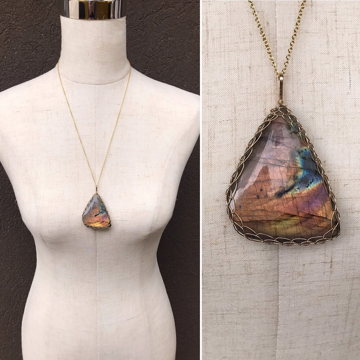 Labradorite Statement Necklace – 14k Yellow Gold Filled – Large Genuine Freeform Labradorite – Exceptional Color and Flash – Long Chain