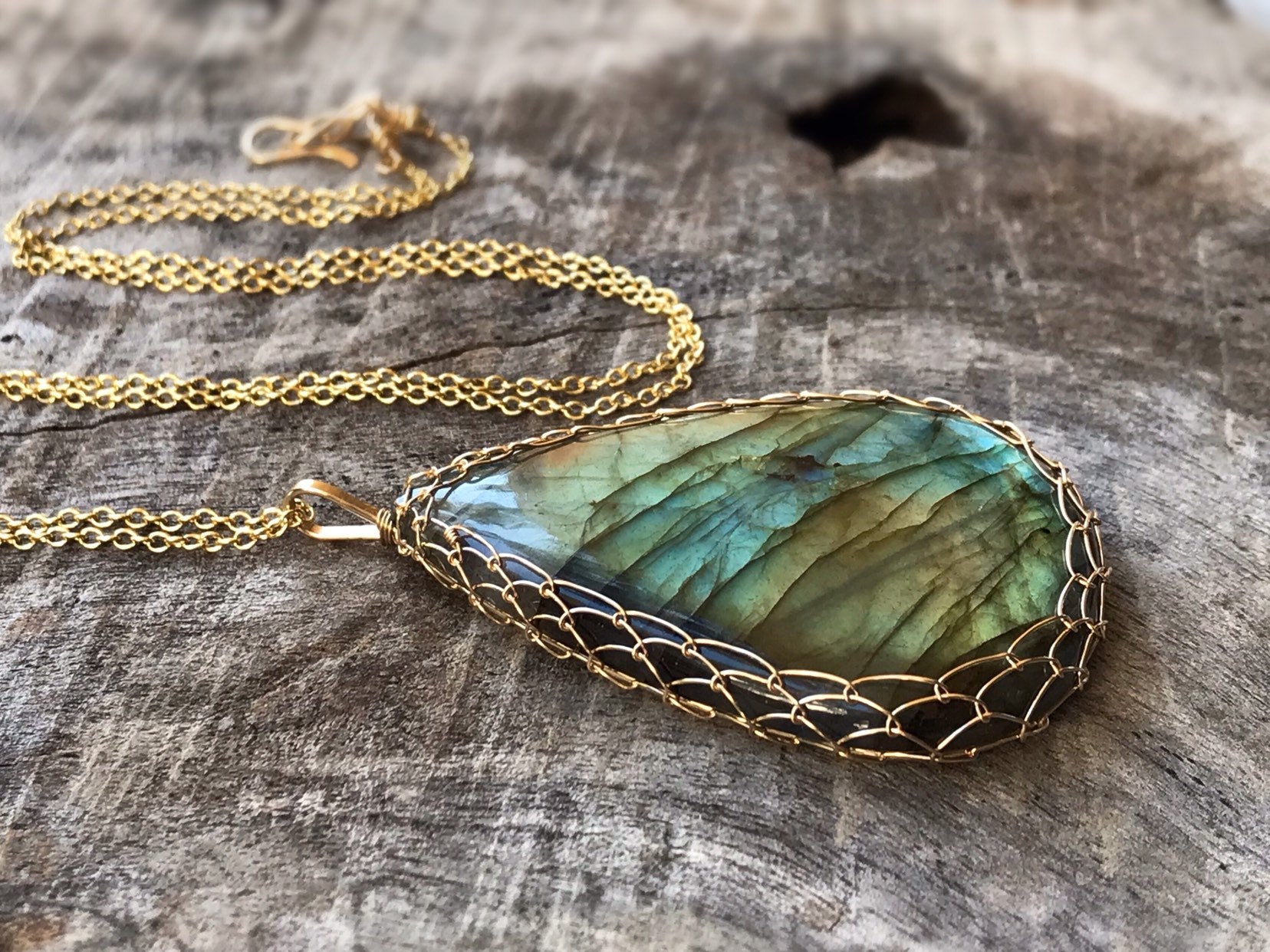 Labradorite Statement Necklace - 14k Yellow Gold Filled - Large Genuine Teardrop Labradorite - Exceptional Color and Flash - Long Chain - Image 2