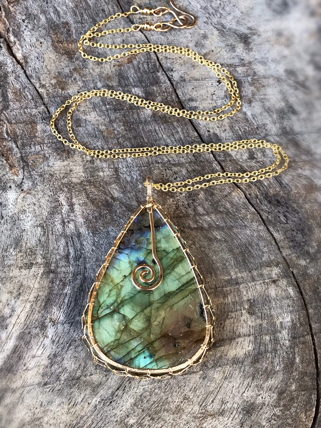Labradorite Statement Necklace - 14k Yellow Gold Filled - Large Genuine Teardrop Labradorite - Exceptional Color and Flash - Long Chain - Image 4