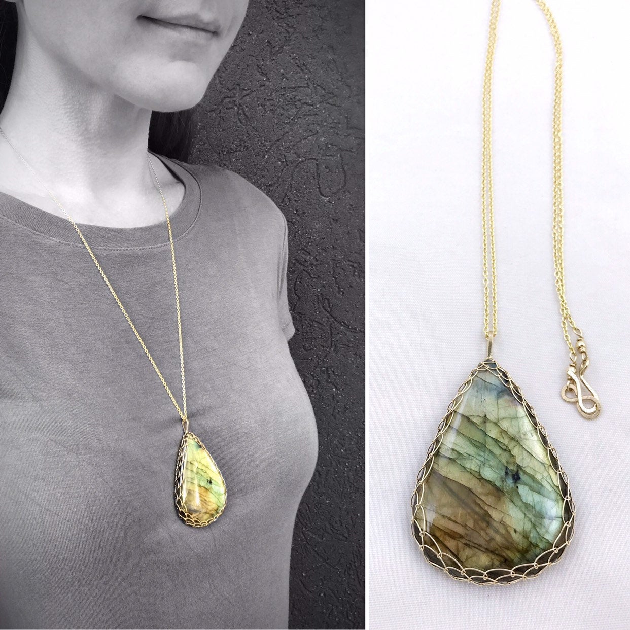 Labradorite Statement Necklace - 14k Yellow Gold Filled - Large Genuine Teardrop Labradorite - Exceptional Color and Flash - Long Chain - Image 5