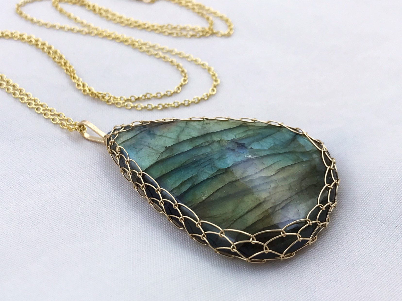 Labradorite Statement Necklace - 14k Yellow Gold Filled - Large Genuine Teardrop Labradorite - Exceptional Color and Flash - Long Chain - Image 9