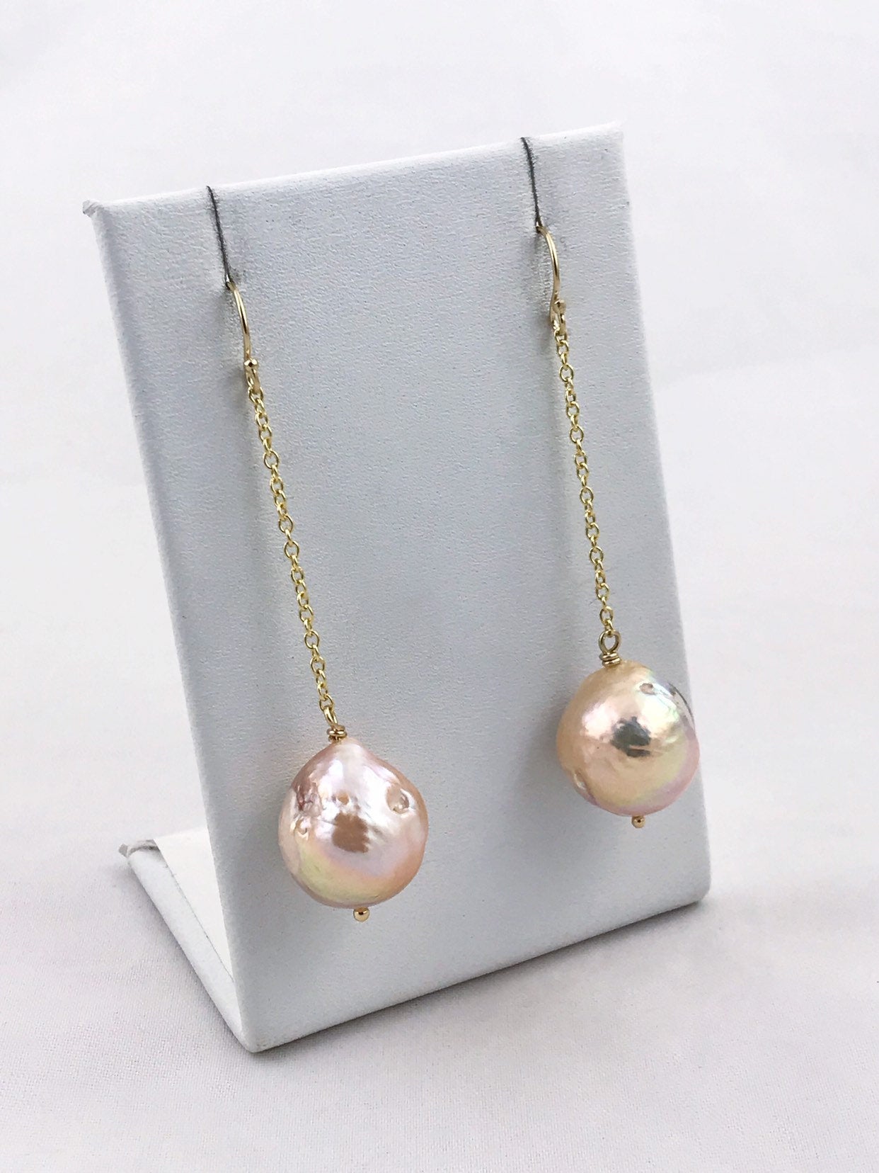 Large Fireball Pearl Earrings - 14k Yellow Gold Filled - Long Dangle Earrings - Large Baroque Round Freshwater Pearls - Rainbow Pearls - Image 3