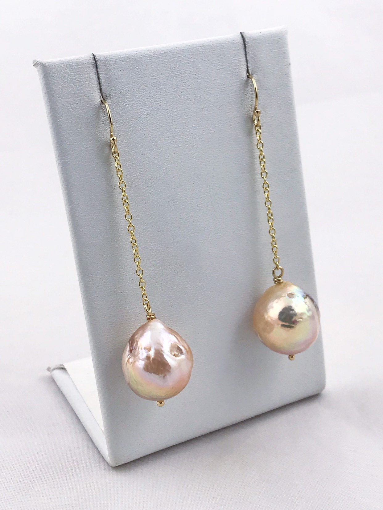 Large Fireball Pearl Earrings - 14k Yellow Gold Filled - Long Dangle Earrings - Large Baroque Round Freshwater Pearls - Rainbow Pearls - Image 4