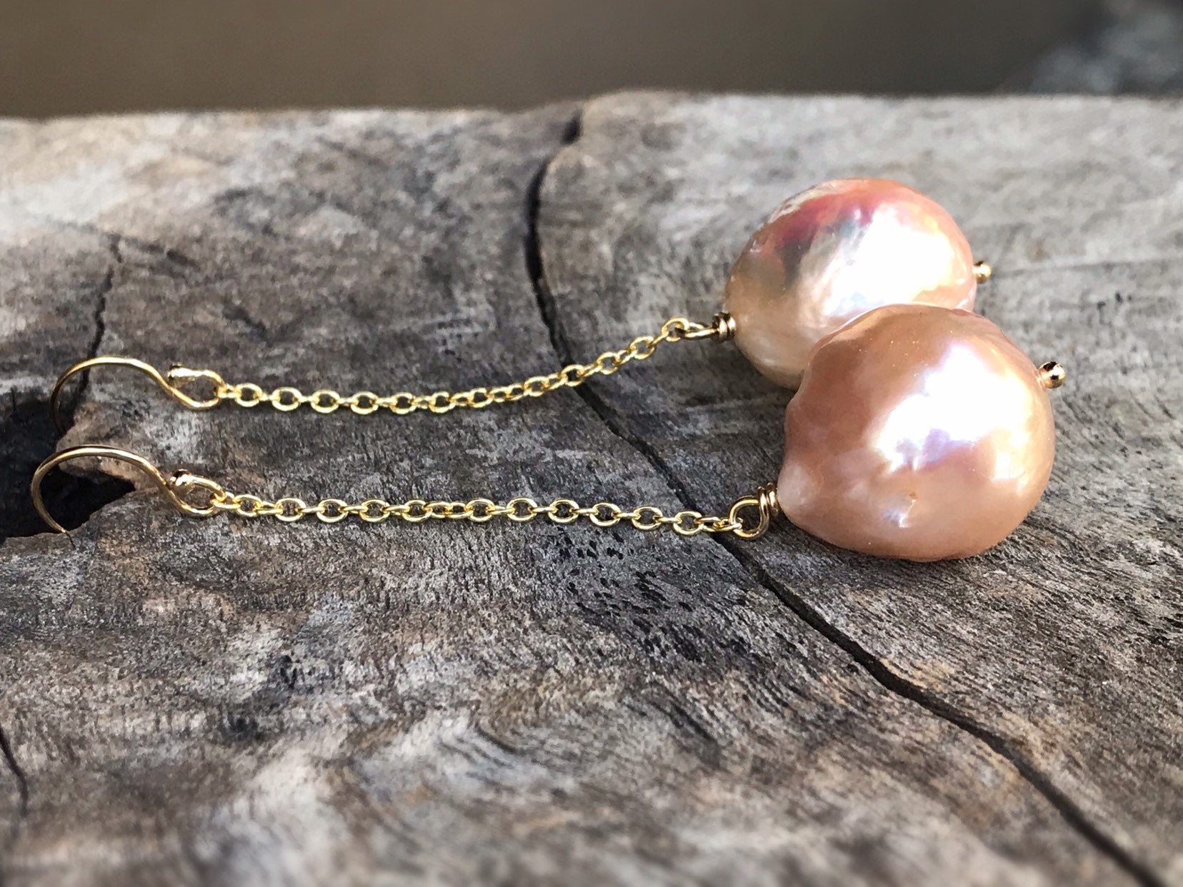 Large Fireball Pearl Earrings - 14k Yellow Gold Filled - Long Dangle Earrings - Large Baroque Round Freshwater Pearls - Rainbow Pearls - Image 5