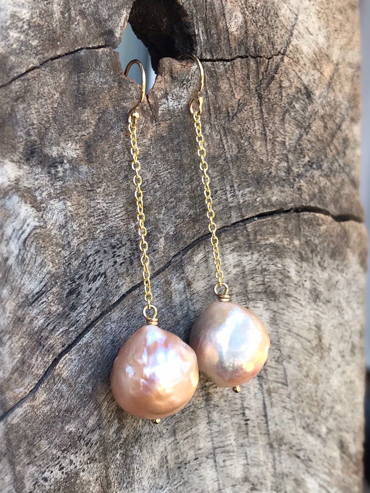 Large Fireball Pearl Earrings - 14k Yellow Gold Filled - Long Dangle Earrings - Large Baroque Round Freshwater Pearls - Rainbow Pearls - Image 6