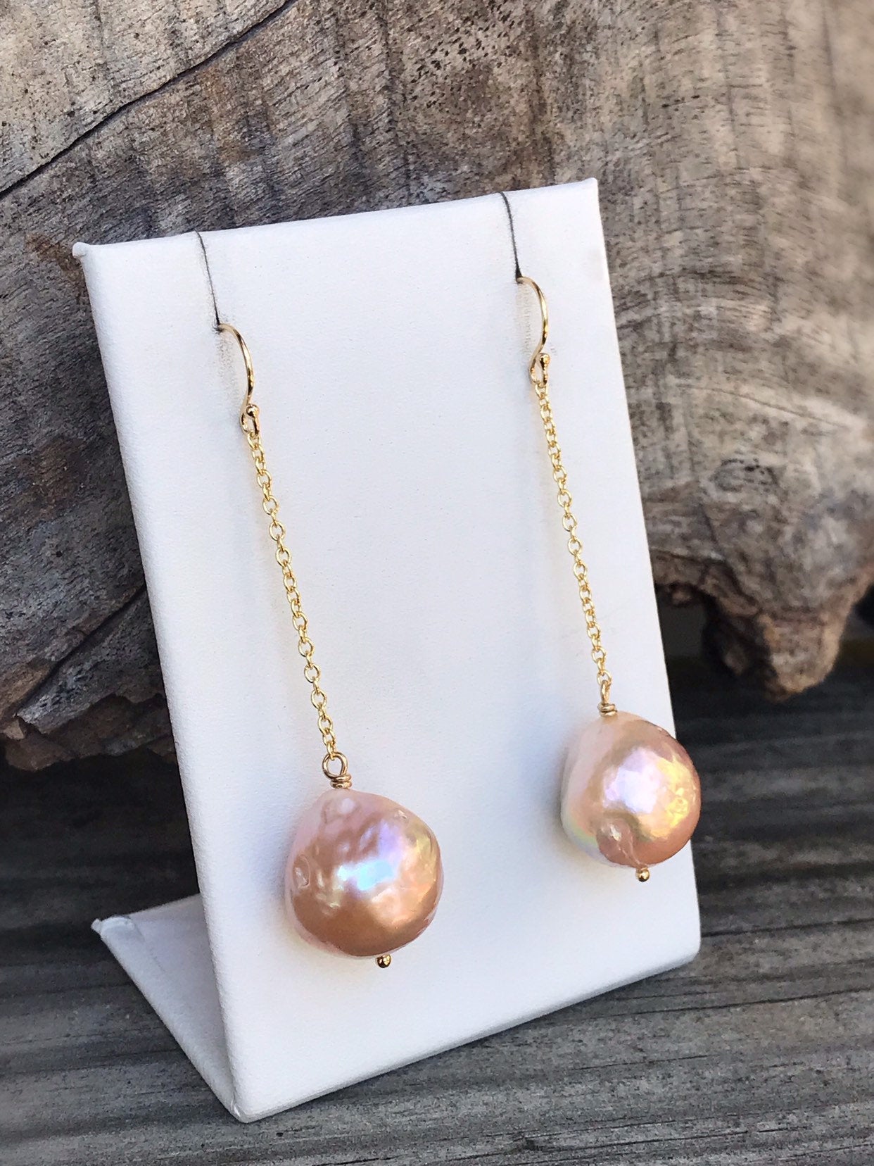 Large Fireball Pearl Earrings - 14k Yellow Gold Filled - Long Dangle Earrings - Large Baroque Round Freshwater Pearls - Rainbow Pearls - Image 7