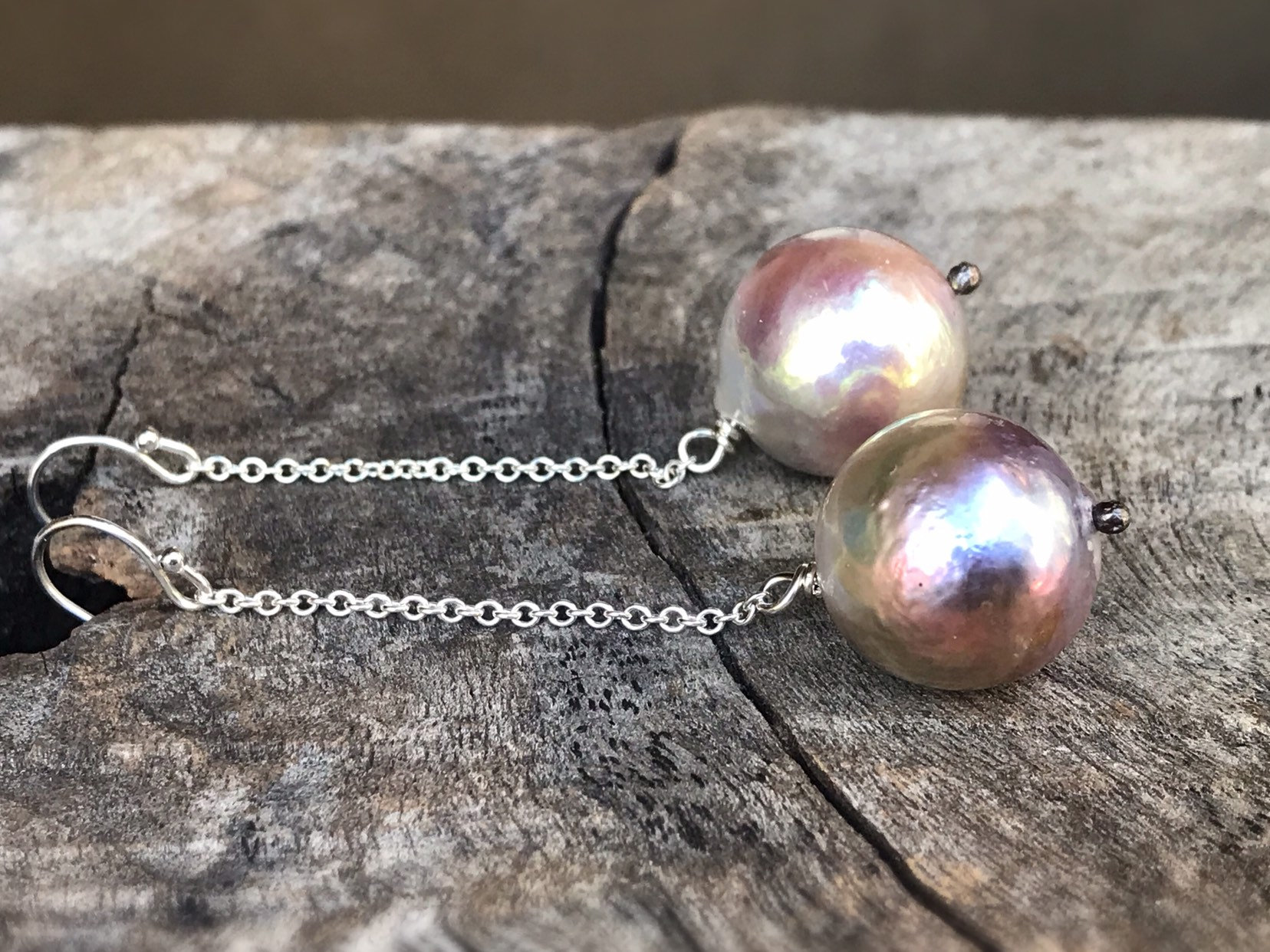Large Fireball Pearl Earrings - Solid Sterling Silver - Long Dangle Earrings - Large Baroque Round Freshwater Pearls - Rainbow Pearls - Image 5
