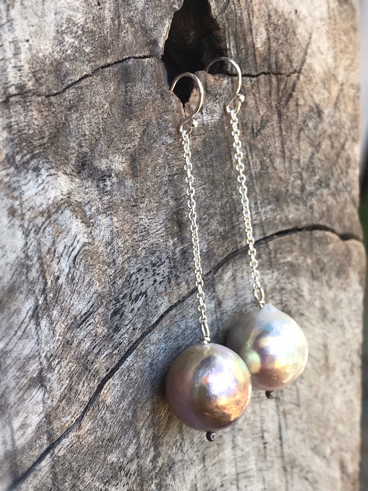 Large Fireball Pearl Earrings - Solid Sterling Silver - Long Dangle Earrings - Large Baroque Round Freshwater Pearls - Rainbow Pearls - Image 6