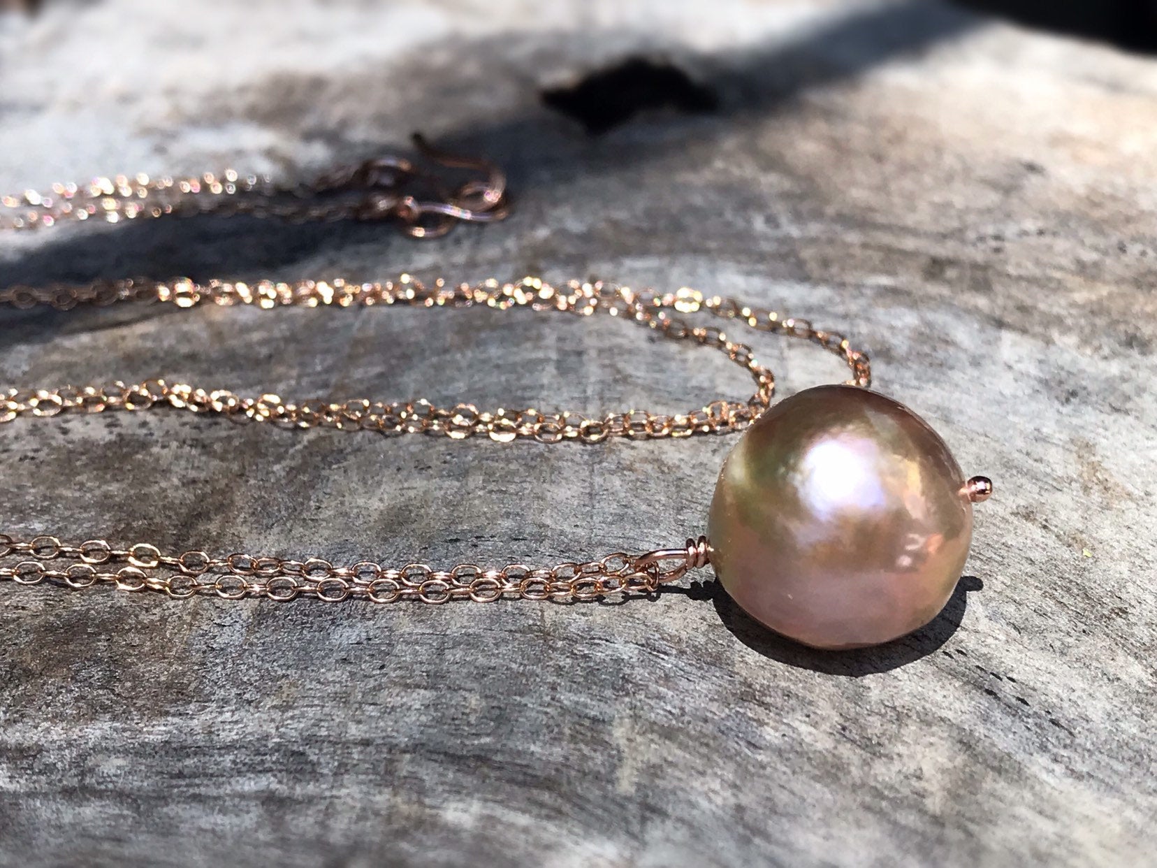 Large Fireball Pearl Pendant Necklace – 14k Rose Gold Filled – Large Single Baroque Round Freshwater Pearl – Rainbow Pearl