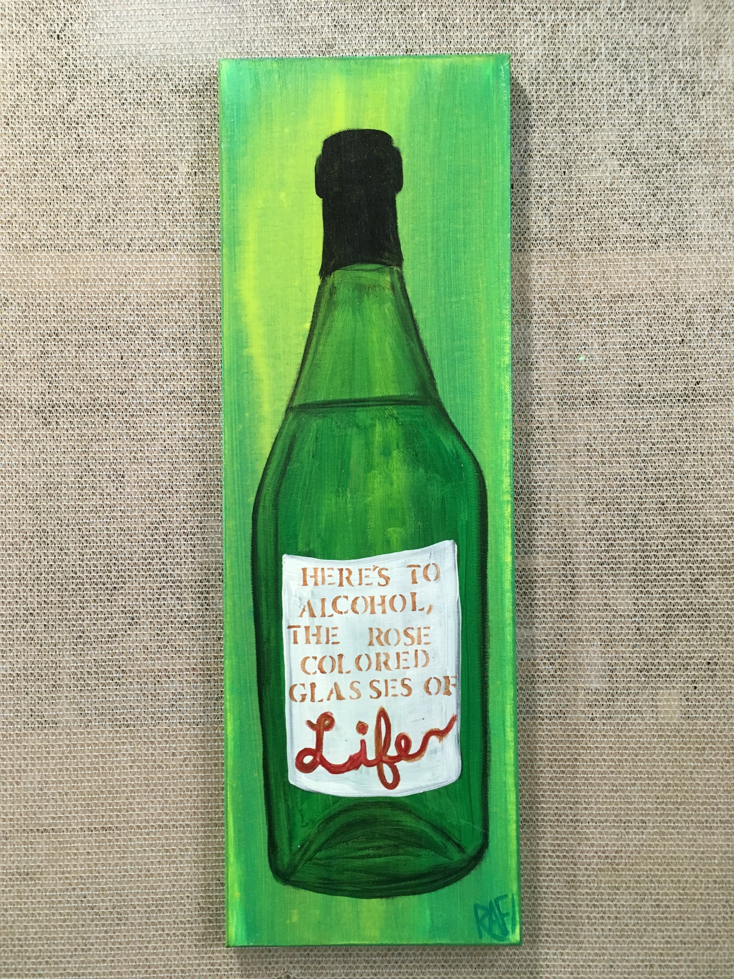 Life Wine Bottle Original Painting By Artist Rafi Perez Mixed Medium Textured On Canvas 8x24 - Image 4