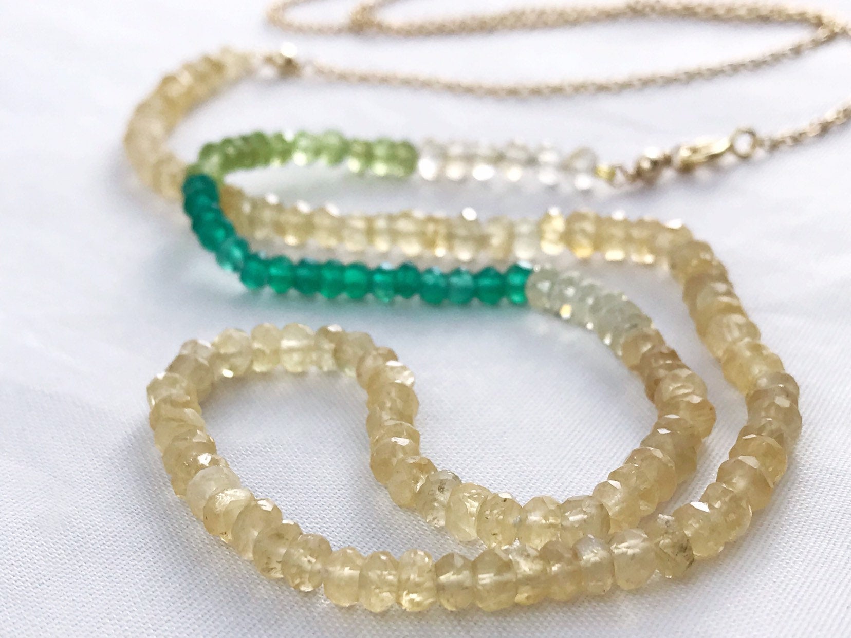 Long Faceted Stone Chain Necklace – Color Block Necklace – Citrine – Peridot – Lemon Quartz – Green Onyx – 14k Yellow Gold Filled Chain