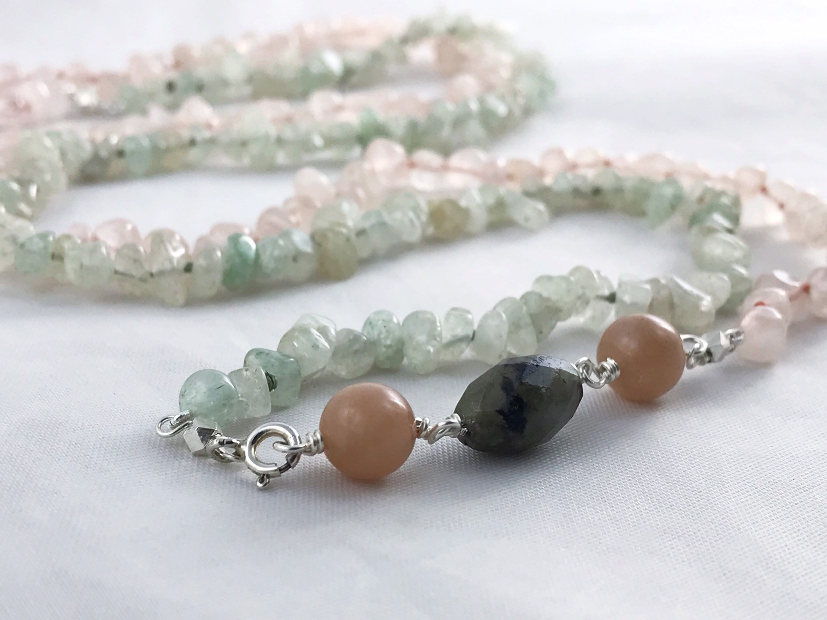 Long Multi Gemstone Necklace / Rose Quartz / Aventurine / Labradorite / Peach Moonstone / Fine Silver / Sterling Silver - Image 2