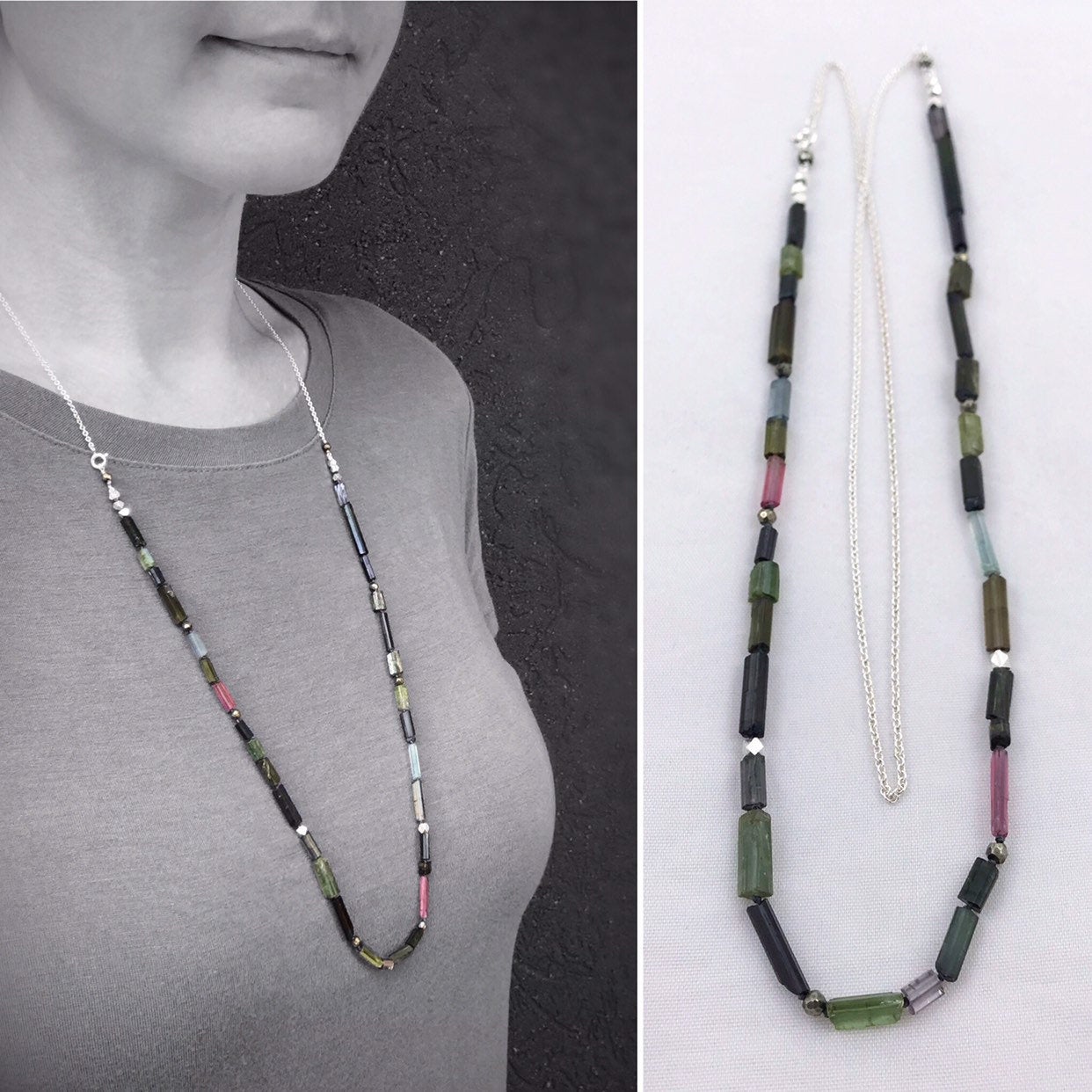 Long Multi Tourmaline Necklace / Multicolor Tourmaline / Faceted Pyrite / Fine Silver Nuggets / Sterling Silver Chain - Image 2