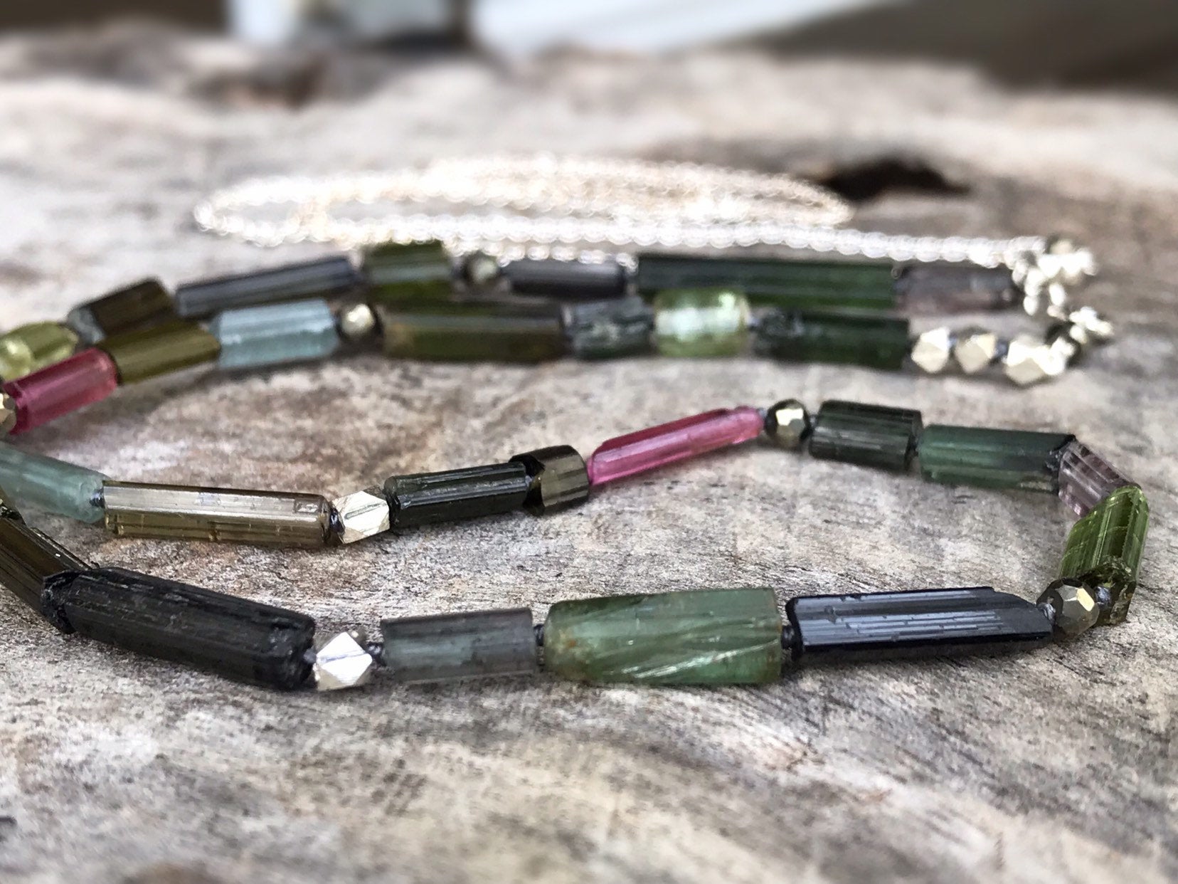 Long Multi Tourmaline Necklace / Multicolor Tourmaline / Faceted Pyrite / Fine Silver Nuggets / Sterling Silver Chain - Image 3