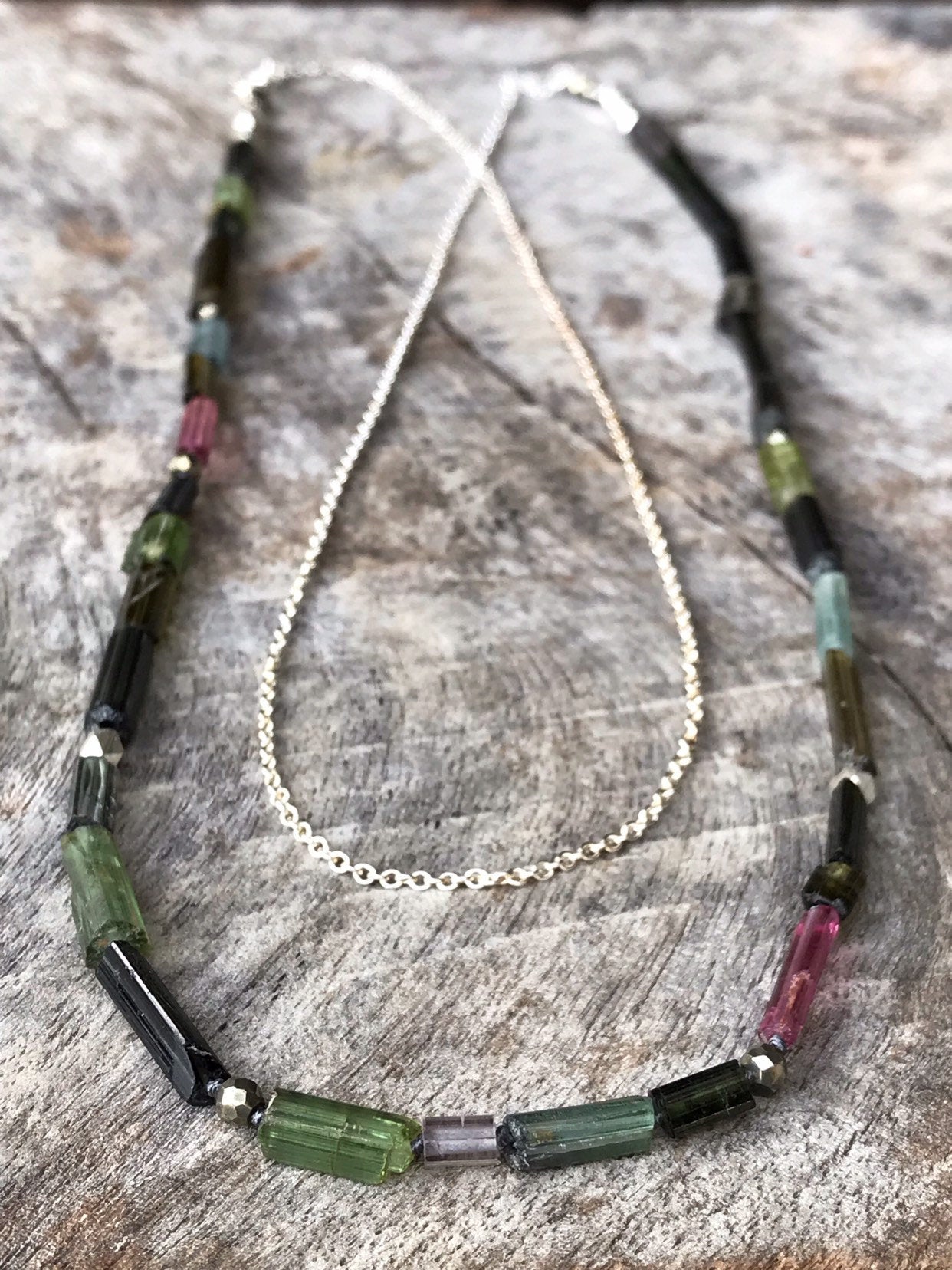 Long Multi Tourmaline Necklace / Multicolor Tourmaline / Faceted Pyrite / Fine Silver Nuggets / Sterling Silver Chain - Image 4