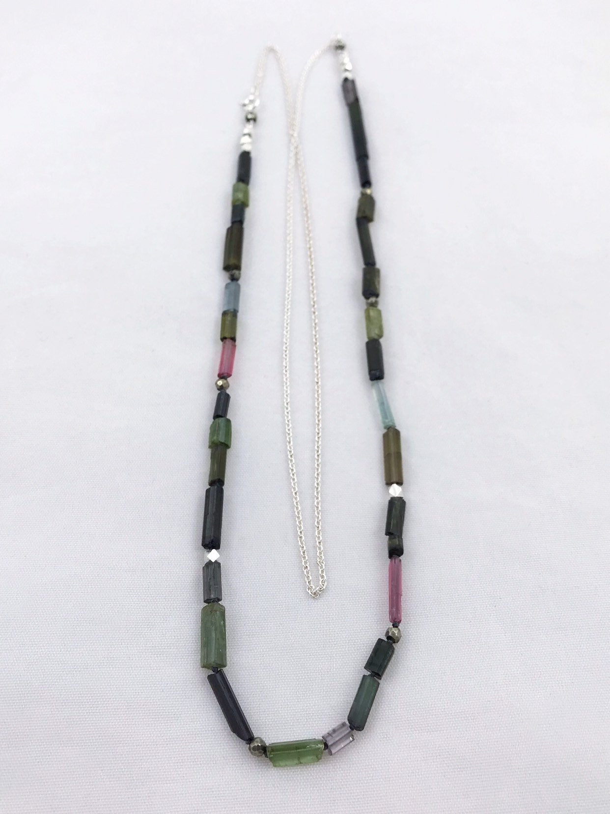 Long Multi Tourmaline Necklace / Multicolor Tourmaline / Faceted Pyrite / Fine Silver Nuggets / Sterling Silver Chain - Image 5