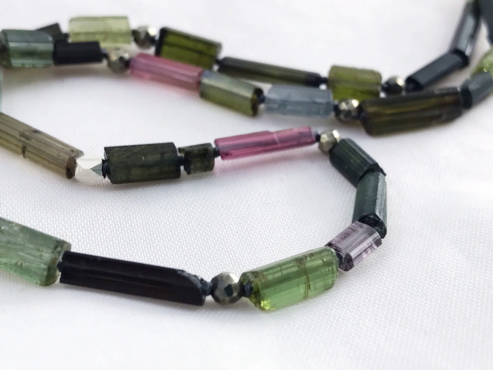 Long Multi Tourmaline Necklace / Multicolor Tourmaline / Faceted Pyrite / Fine Silver Nuggets / Sterling Silver Chain - Image 6