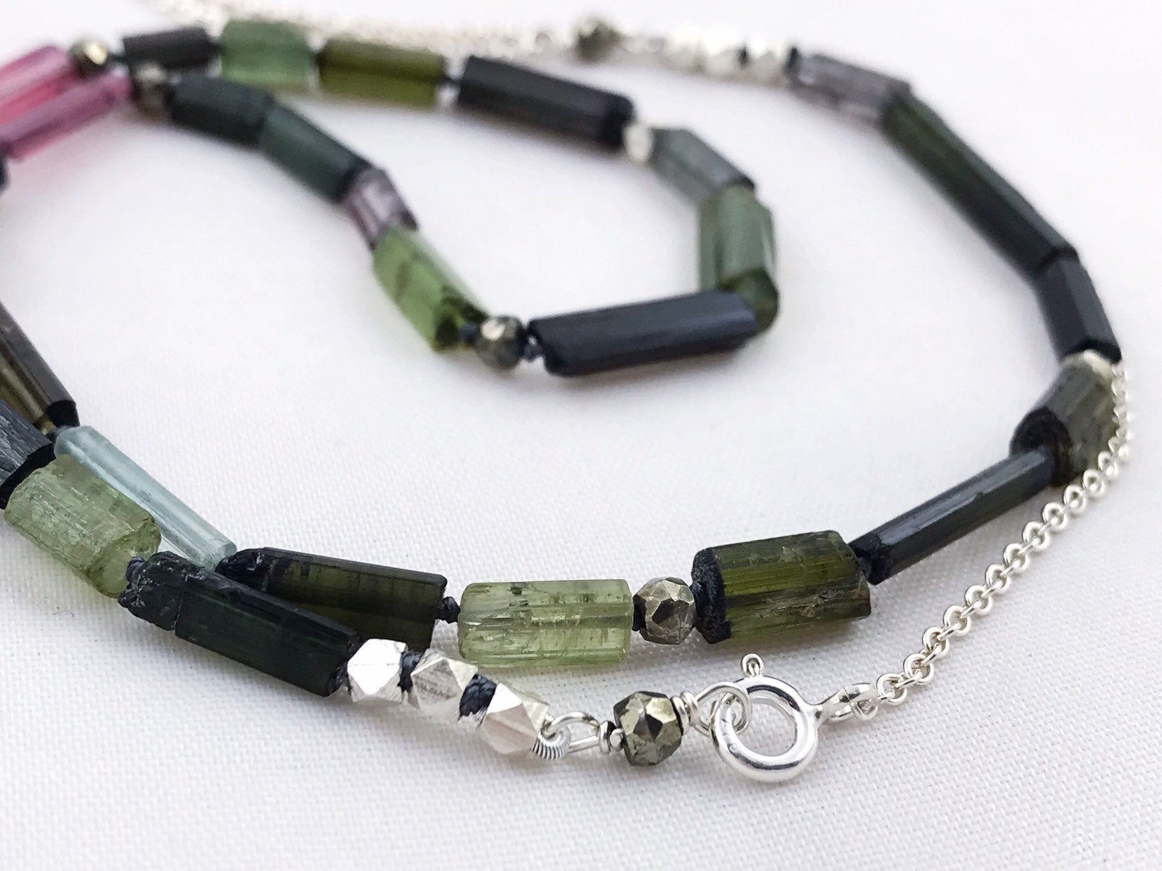 Long Multi Tourmaline Necklace / Multicolor Tourmaline / Faceted Pyrite / Fine Silver Nuggets / Sterling Silver Chain - Image 7