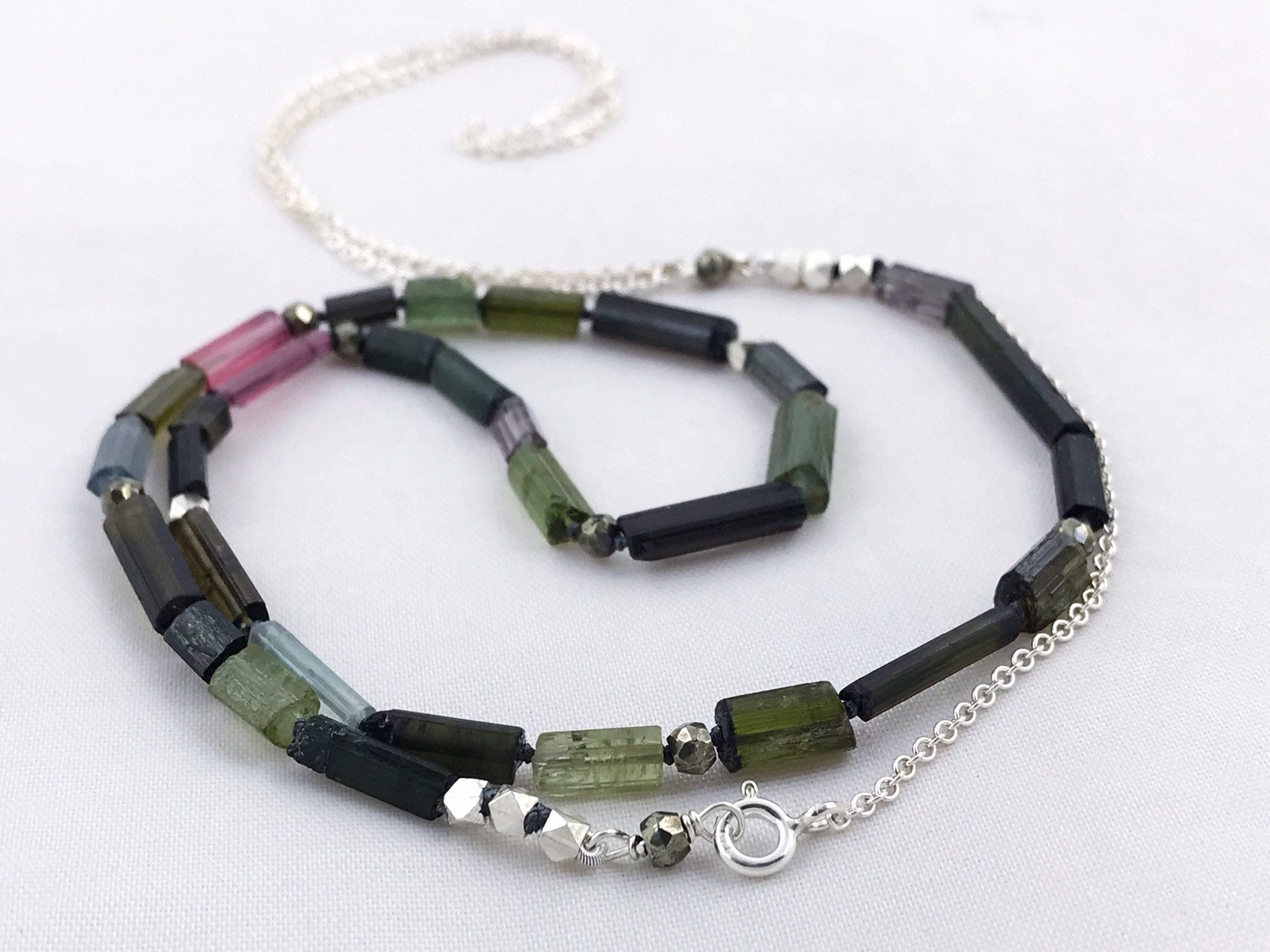 Long Multi Tourmaline Necklace / Multicolor Tourmaline / Faceted Pyrite / Fine Silver Nuggets / Sterling Silver Chain - Image 8