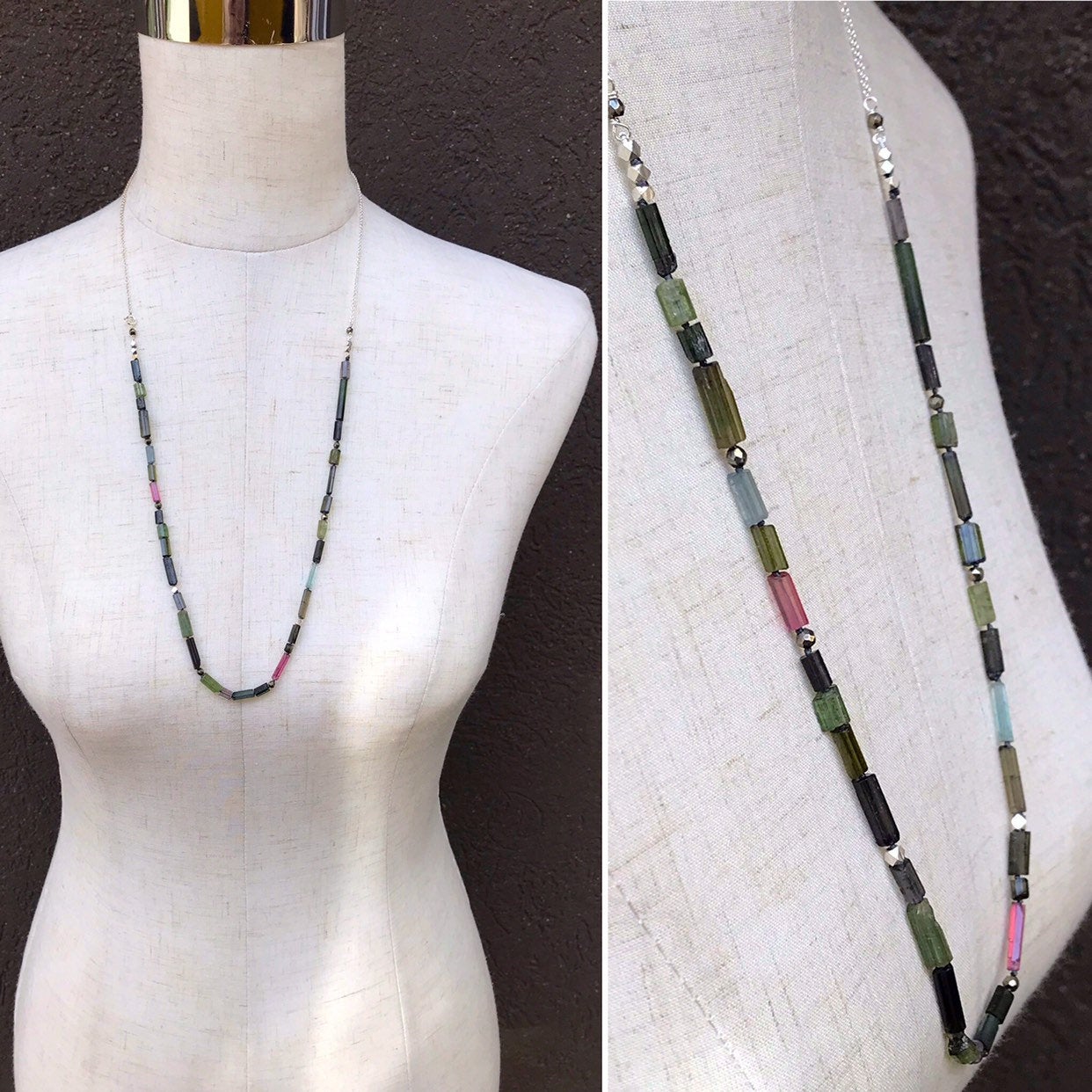 Long Multi Tourmaline Necklace / Multicolor Tourmaline / Faceted Pyrite / Fine Silver Nuggets / Sterling Silver Chain - Image 9
