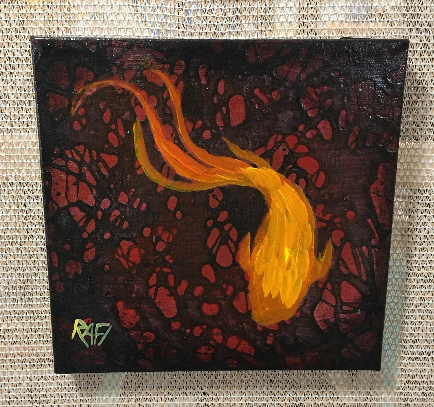 Lucky Koi Original Painting Wall Art By Artist Rafi Perez Mixed Medium on Canvas 8X8 - Image 3
