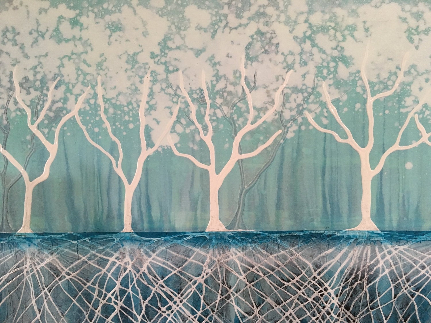 Magic White Forest Textured Original Painting by artist Rafi Perez on Canvas 24X36 - Image 4