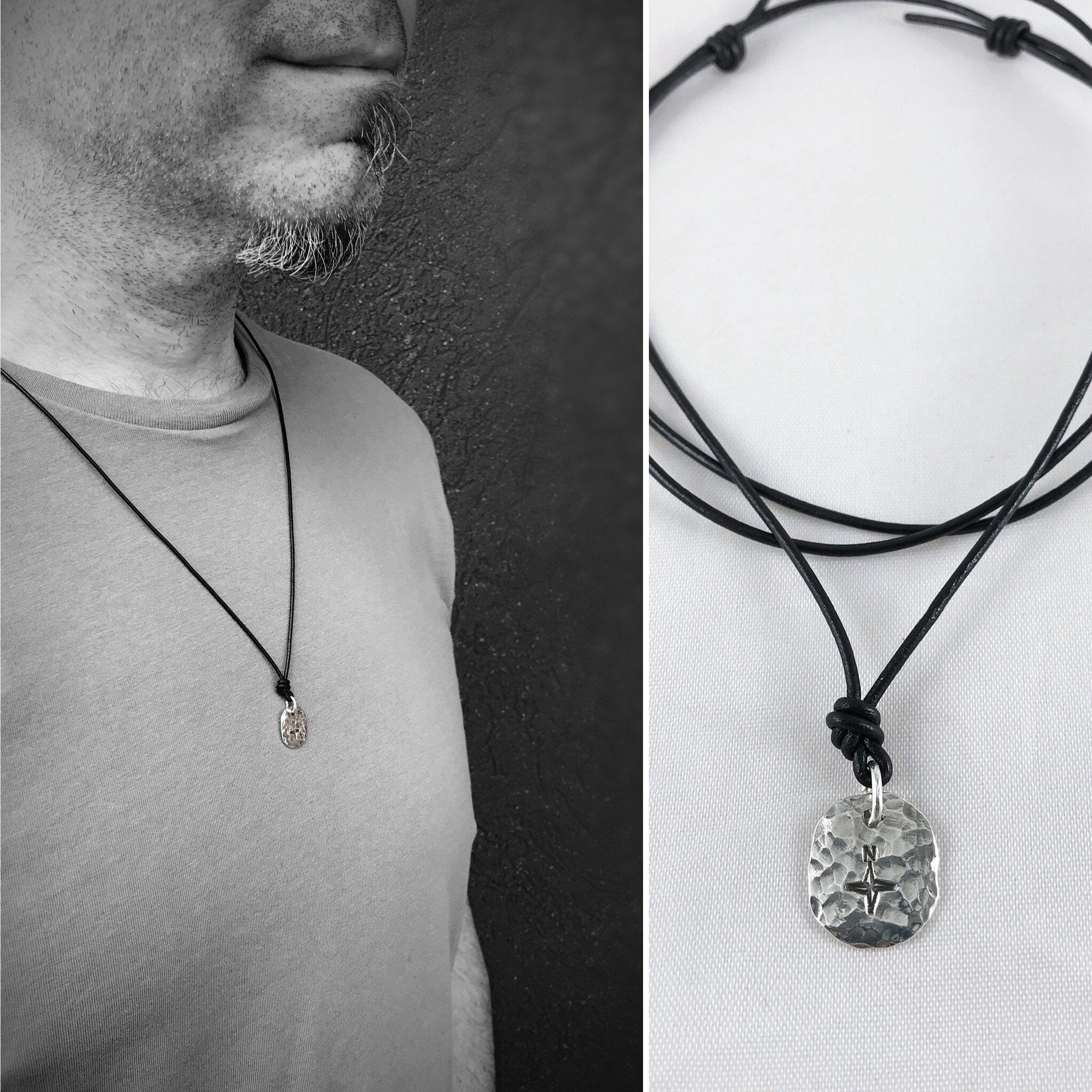 Men's Compass Necklace / Solid Sterling Silver / Rustic Oval Bullion Shape / Adjustable Leather Cord - Image 2
