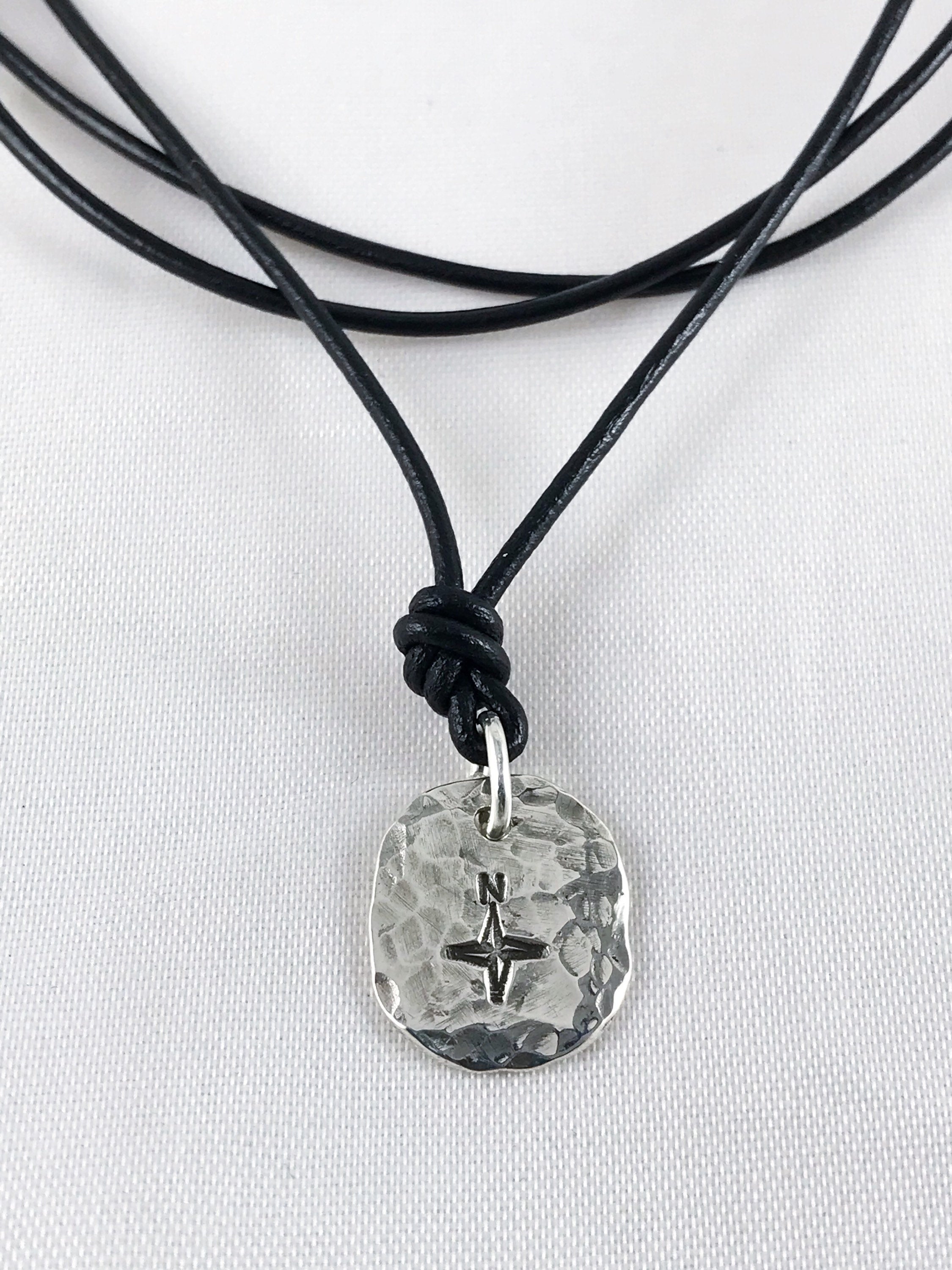 Men's Compass Necklace Solid Sterling Silver Rustic Oval Bullion Shape  Adjustable Leather Cord