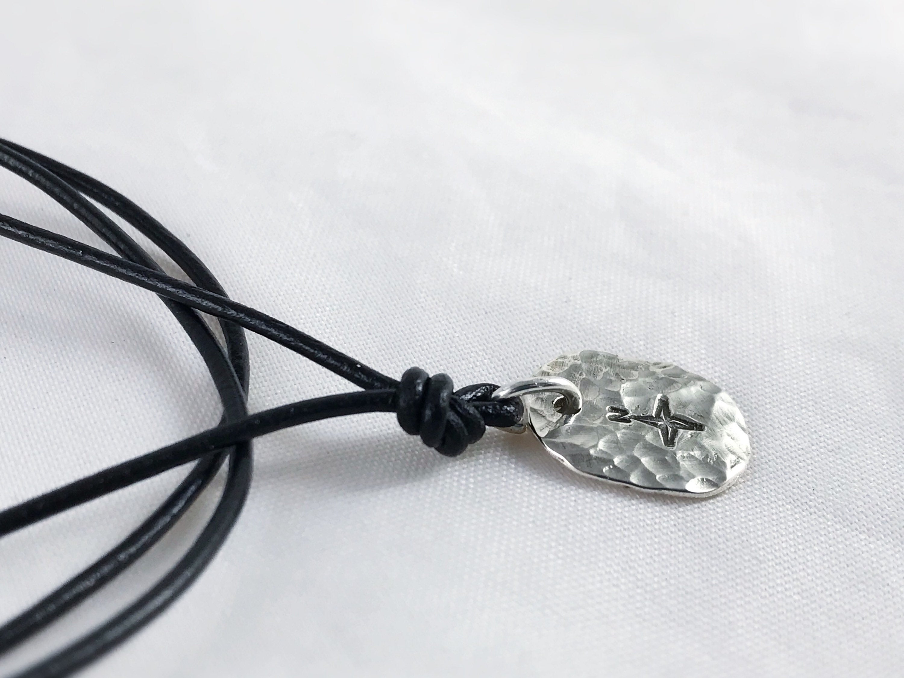 Men's Compass Necklace / Solid Sterling Silver / Rustic Oval Bullion Shape / Adjustable Leather Cord - Image 5