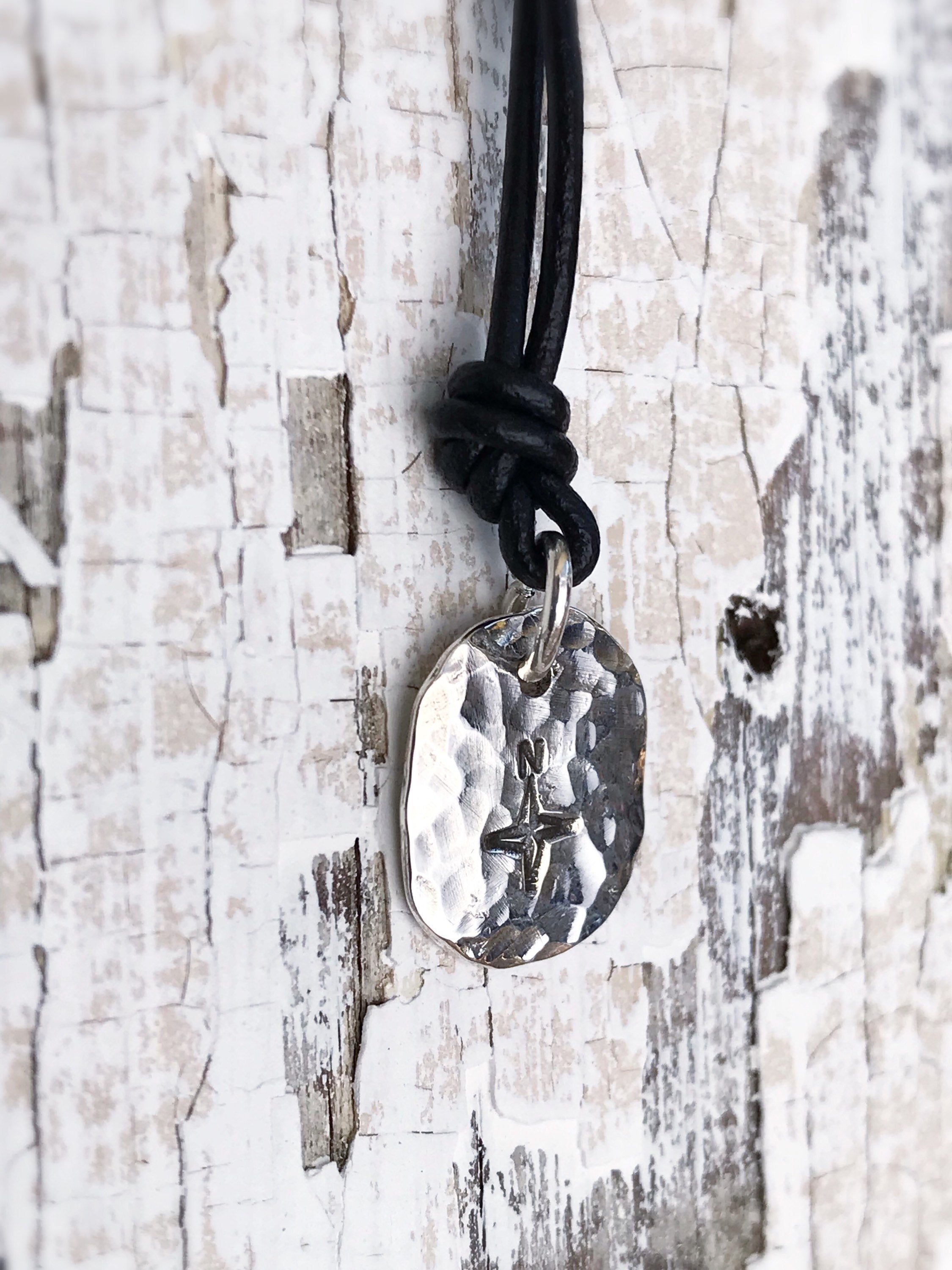 Men's Compass Necklace / Solid Sterling Silver / Rustic Oval Bullion Shape / Adjustable Leather Cord - Image 8