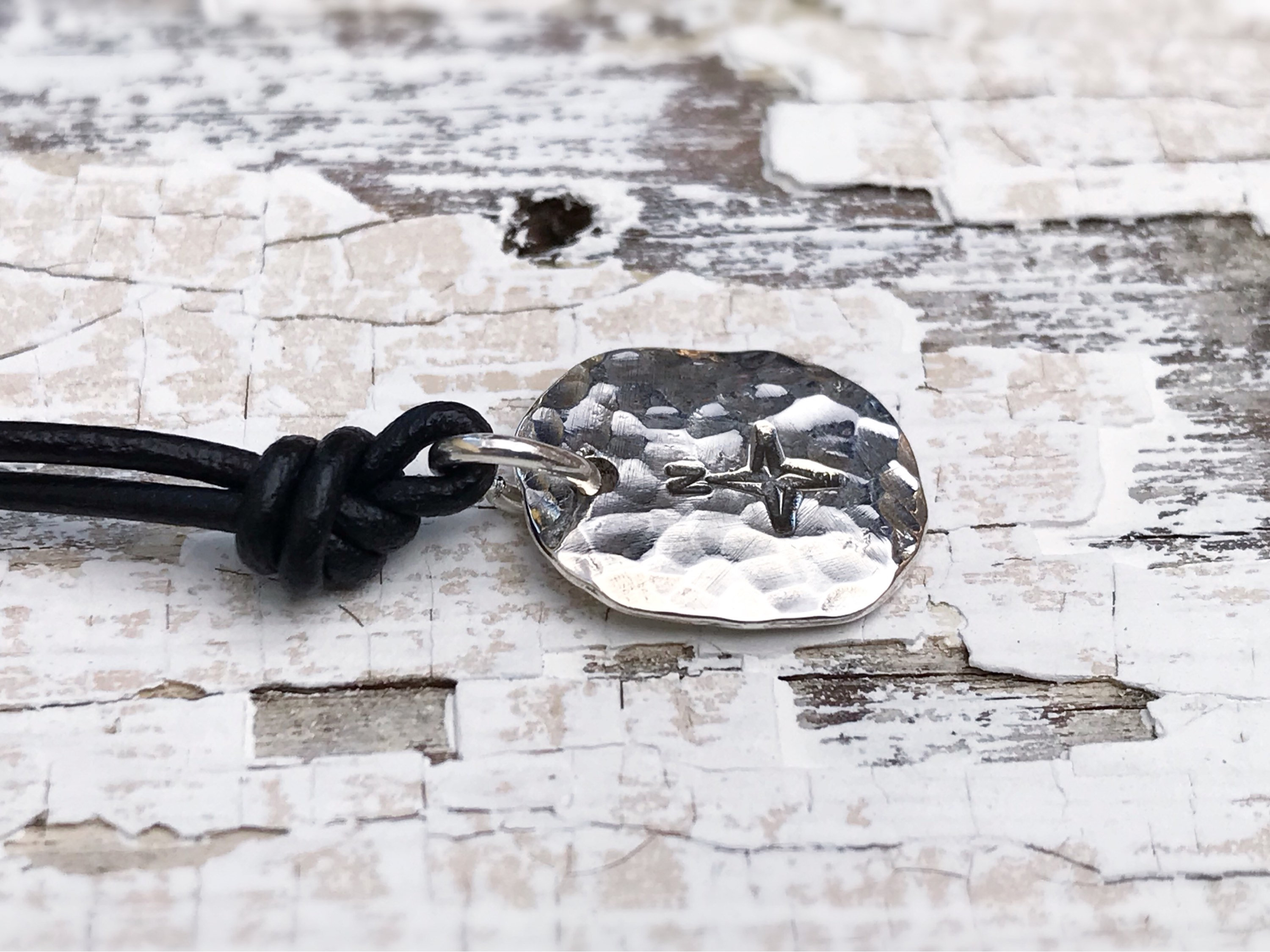Men's Compass Necklace / Solid Sterling Silver / Rustic Oval Bullion Shape / Adjustable Leather Cord - Image 9