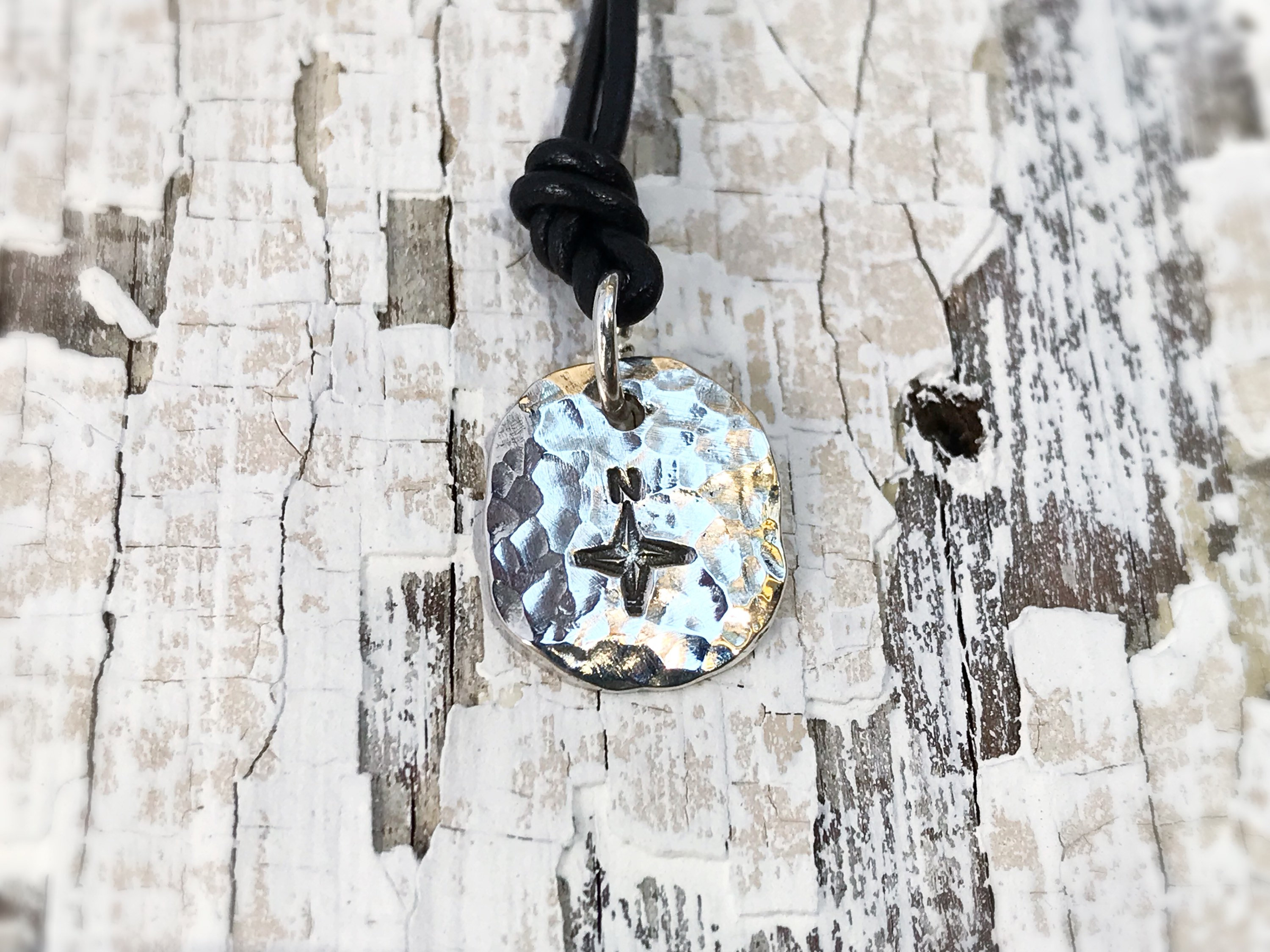 Men's Compass Necklace / Solid Sterling Silver / Rustic Oval Bullion Shape / Adjustable Leather Cord - Image 10