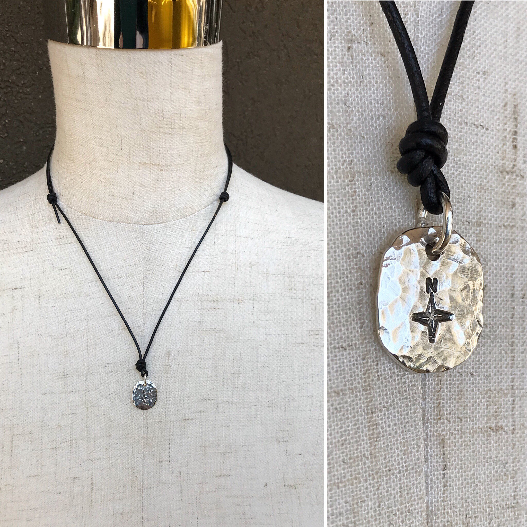 Men's Compass Necklace / Solid Sterling Silver / Rustic Oval Bullion Shape / Adjustable Leather Cord - Image 11