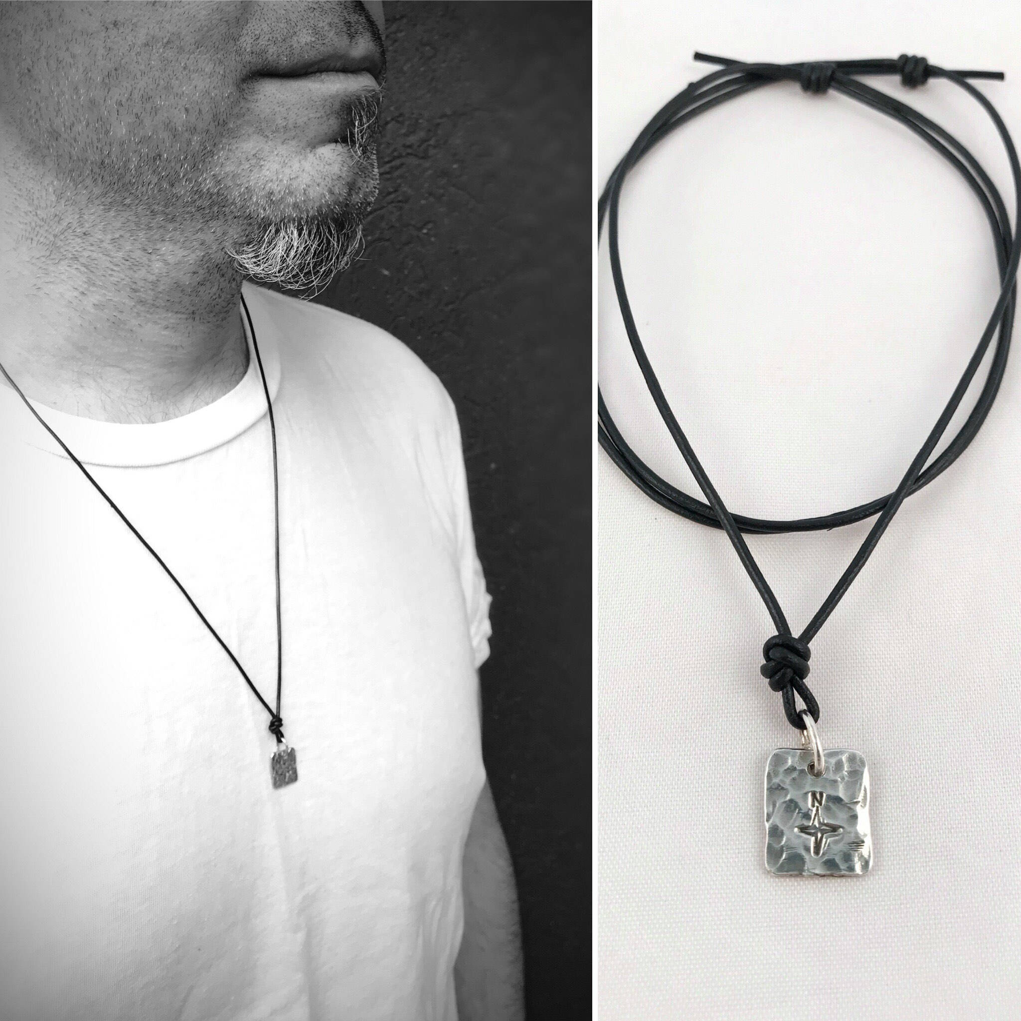 Men's Compass Necklace / Solid Sterling Silver / Rustic Rectangle Stamped Compass / Adjustable Leather Cord - Image 2
