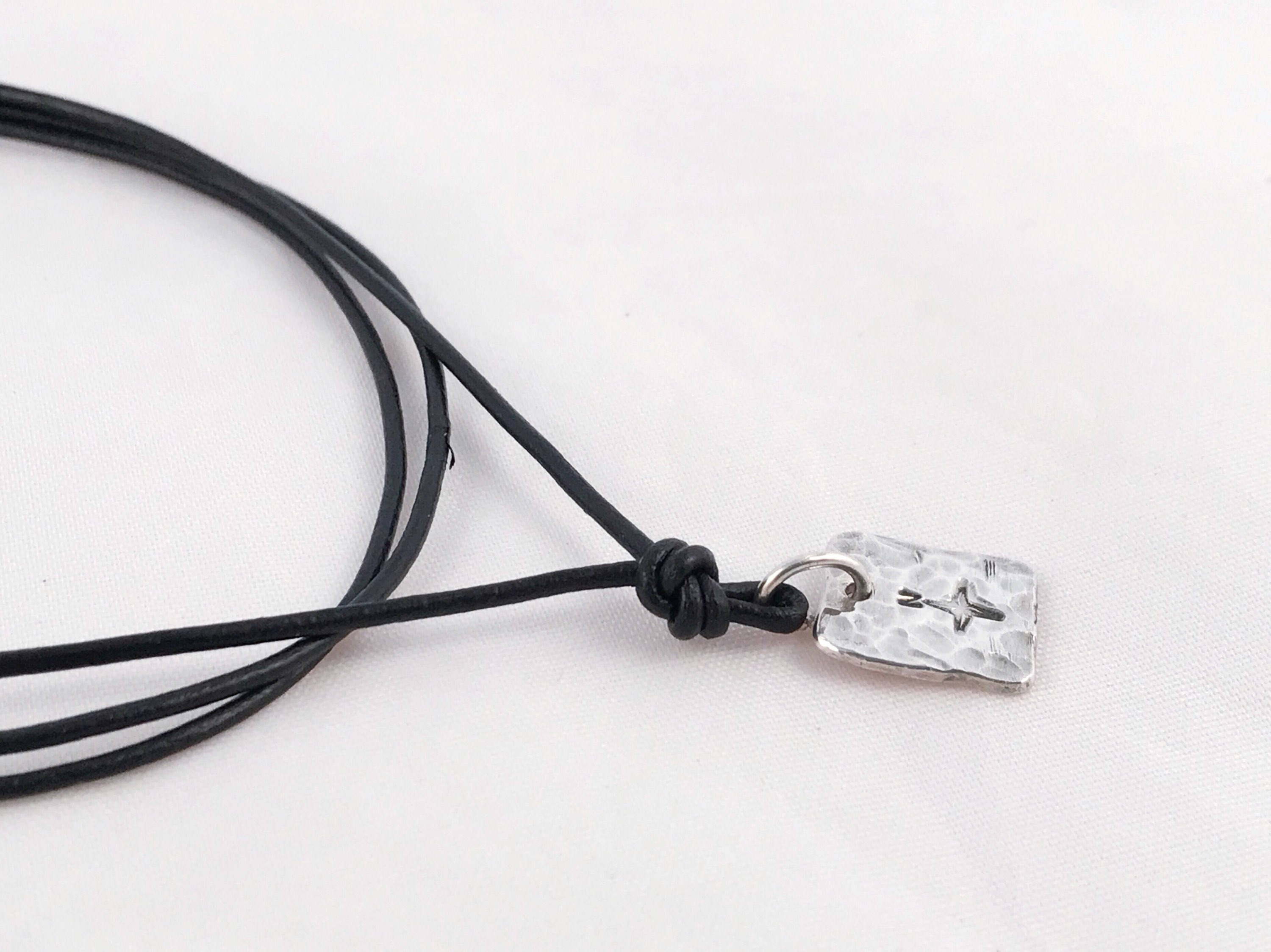 Men's Compass Necklace / Solid Sterling Silver / Rustic Rectangle Stamped Compass / Adjustable Leather Cord - Image 4