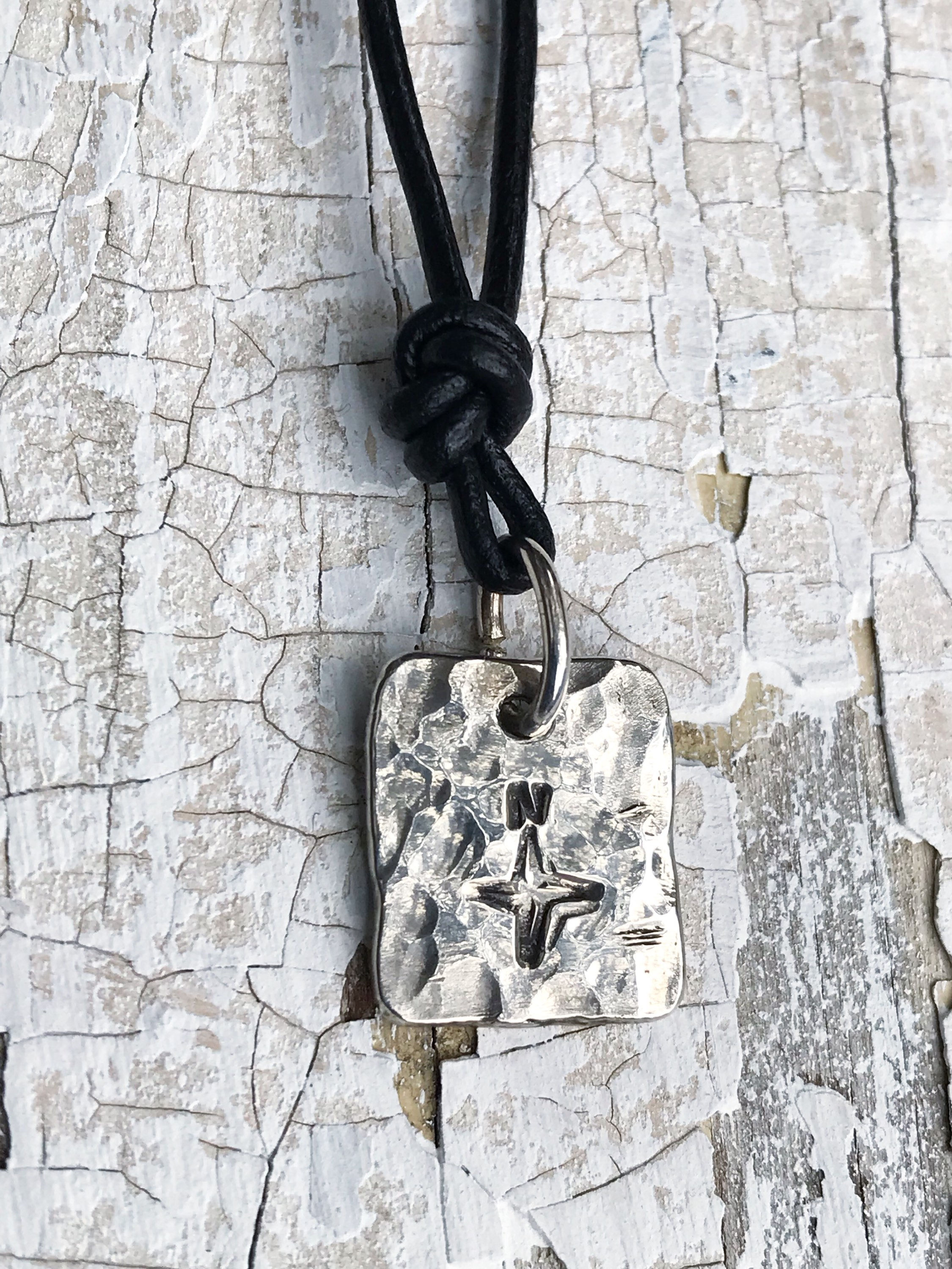 Men's Compass Necklace / Solid Sterling Silver / Rustic Rectangle Stamped Compass / Adjustable Leather Cord - Image 6