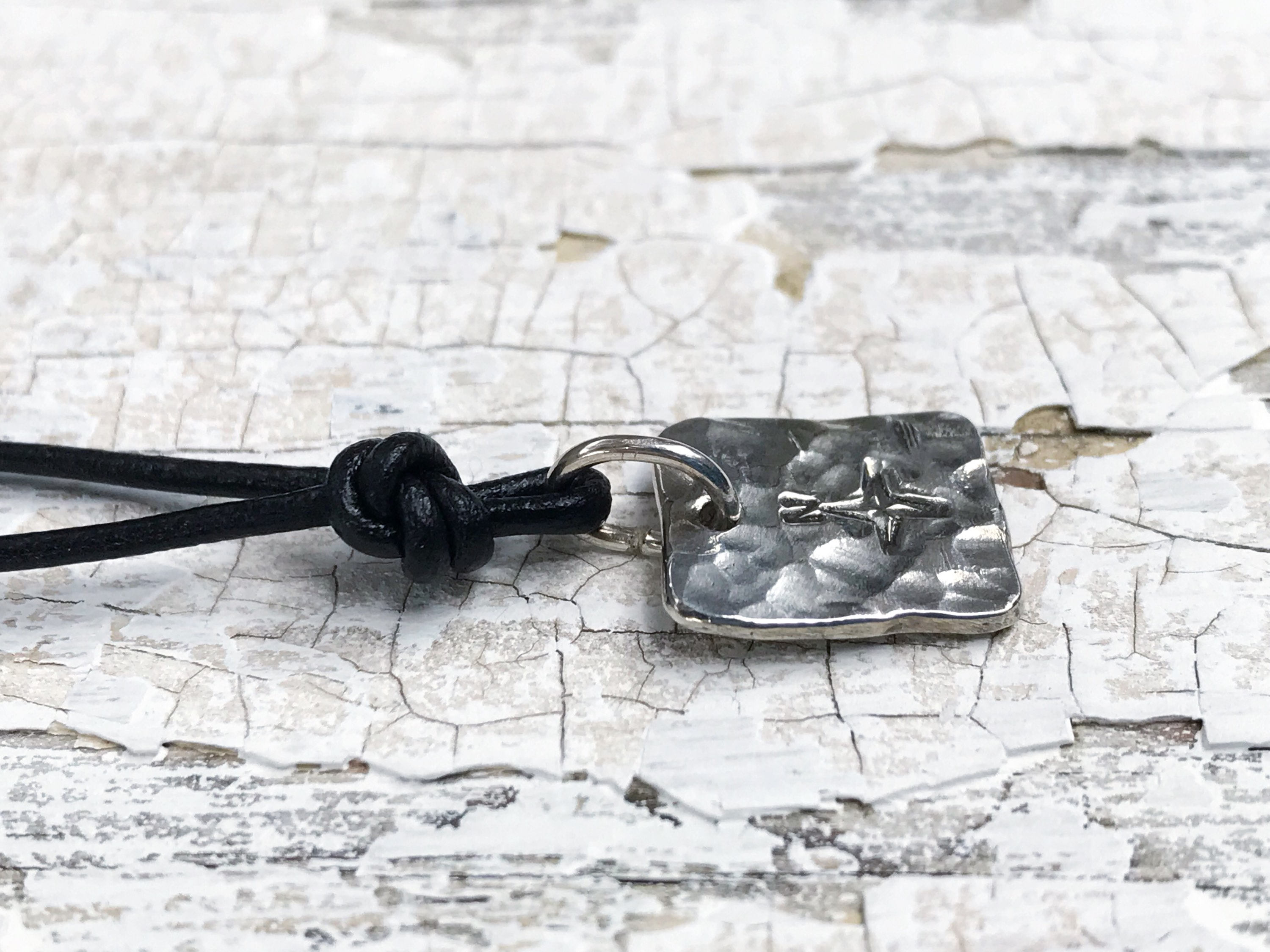 Men's Compass Necklace / Solid Sterling Silver / Rustic Rectangle Stamped Compass / Adjustable Leather Cord - Image 7