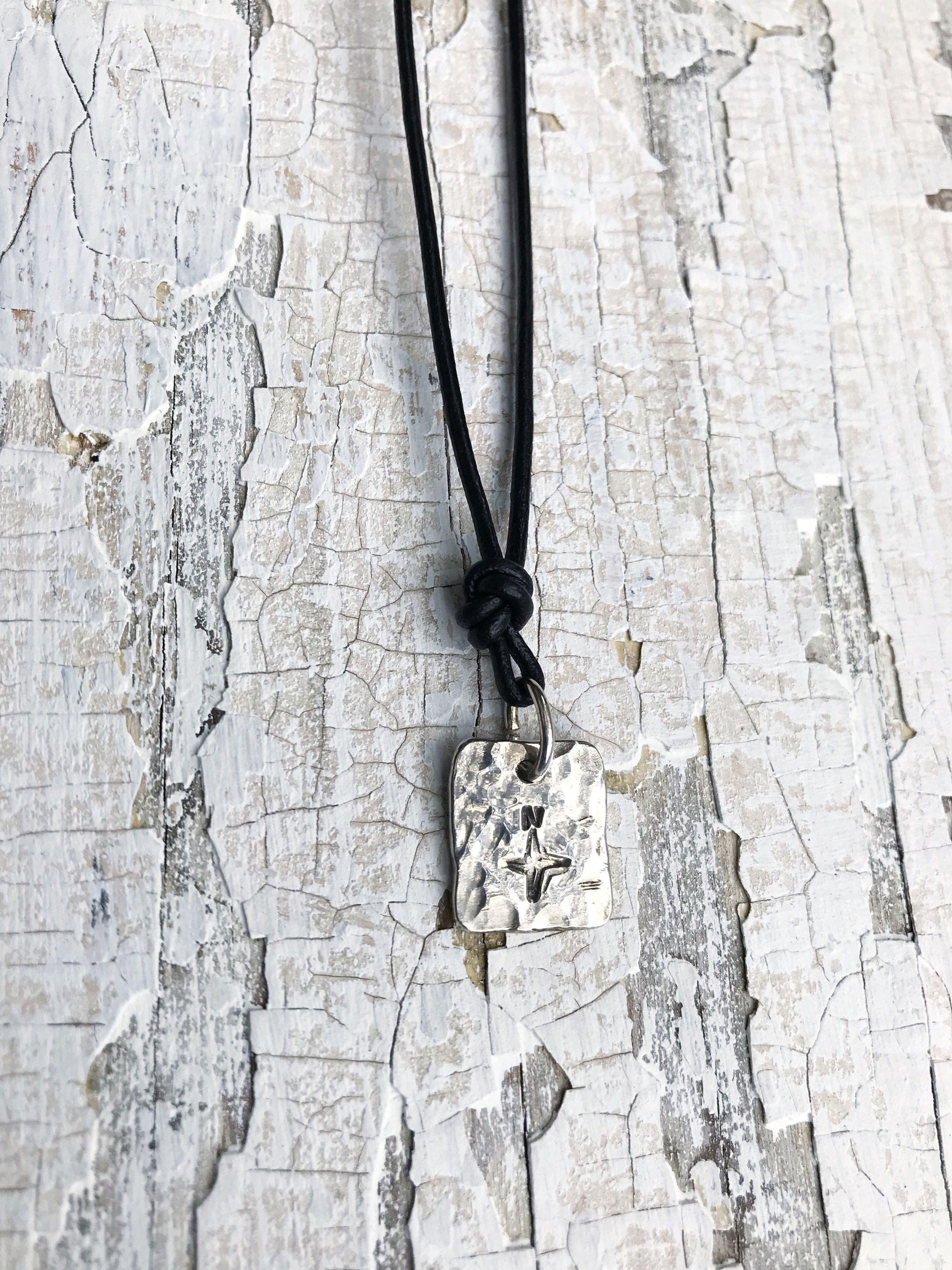 Men's Compass Necklace / Solid Sterling Silver / Rustic Rectangle Stamped Compass / Adjustable Leather Cord - Image 8