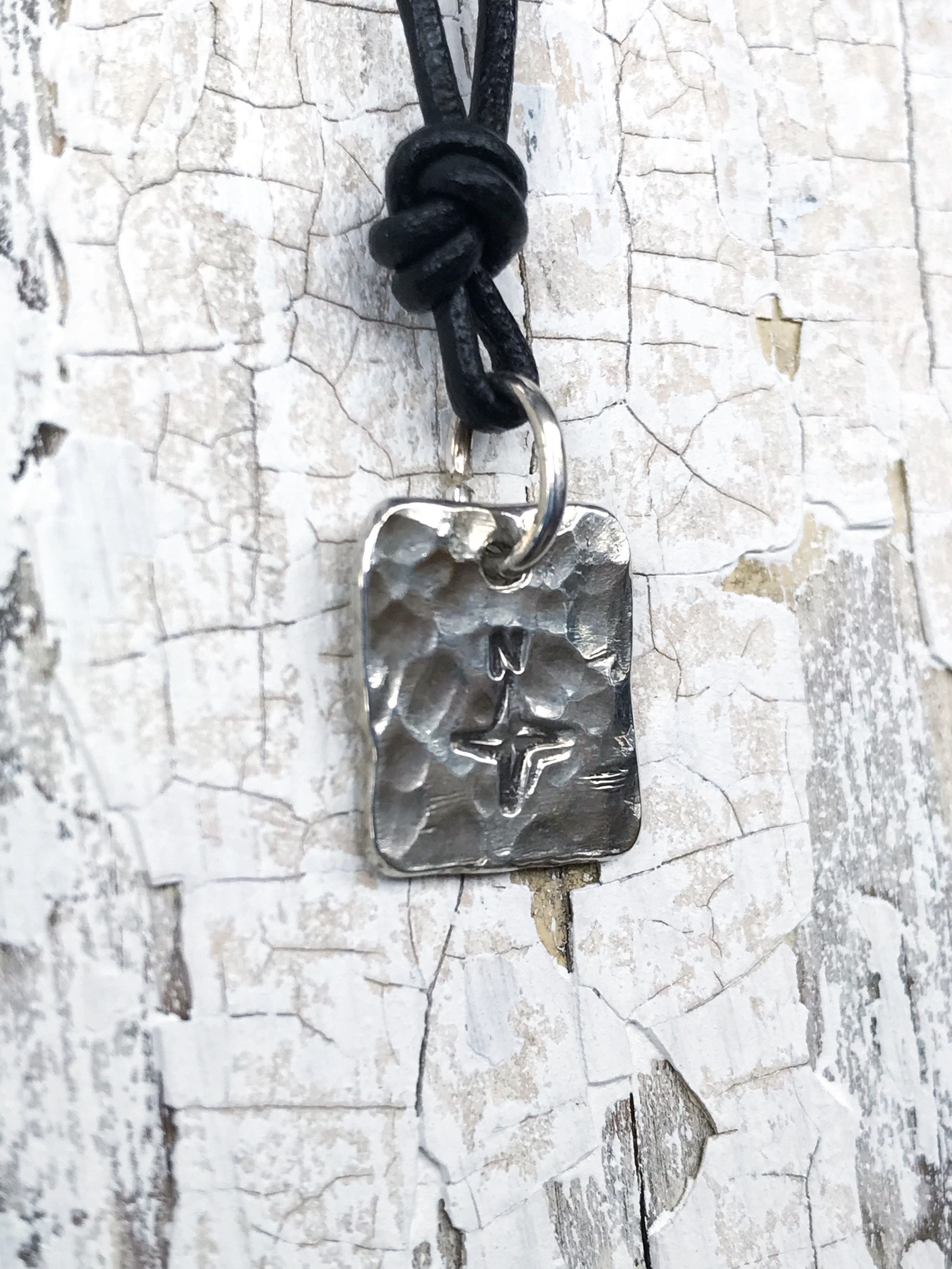 Men's Compass Necklace / Solid Sterling Silver / Rustic Rectangle Stamped Compass / Adjustable Leather Cord - Image 9